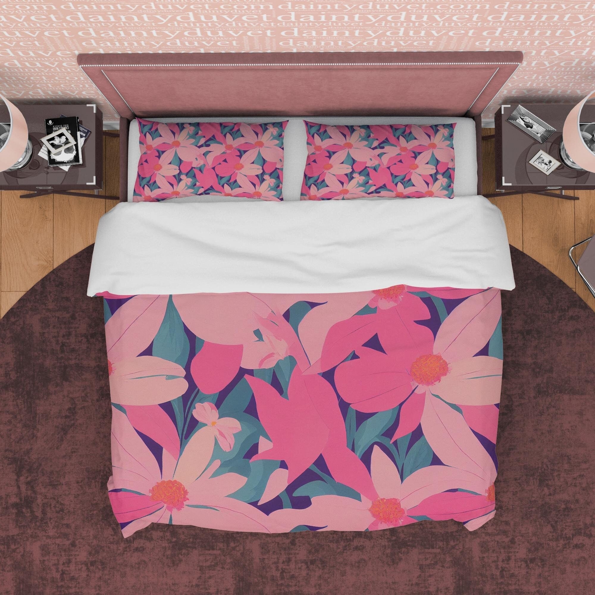 Pink Floral Boho Bedding Colorful Duvet Cover Bohemian Bedroom Set, Aesthetic Bedspread, Flower Quilt Cover, Unique Bedroom Blanket Cover