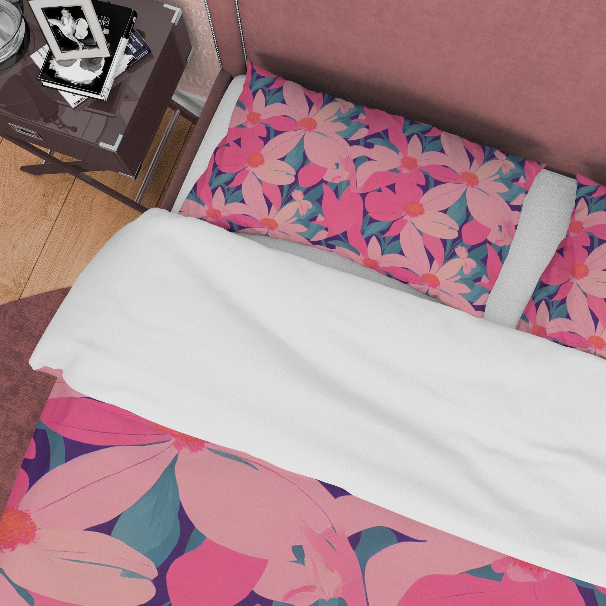 Pink Floral Boho Bedding Colorful Duvet Cover Bohemian Bedroom Set, Aesthetic Bedspread, Flower Quilt Cover, Unique Bedroom Blanket Cover