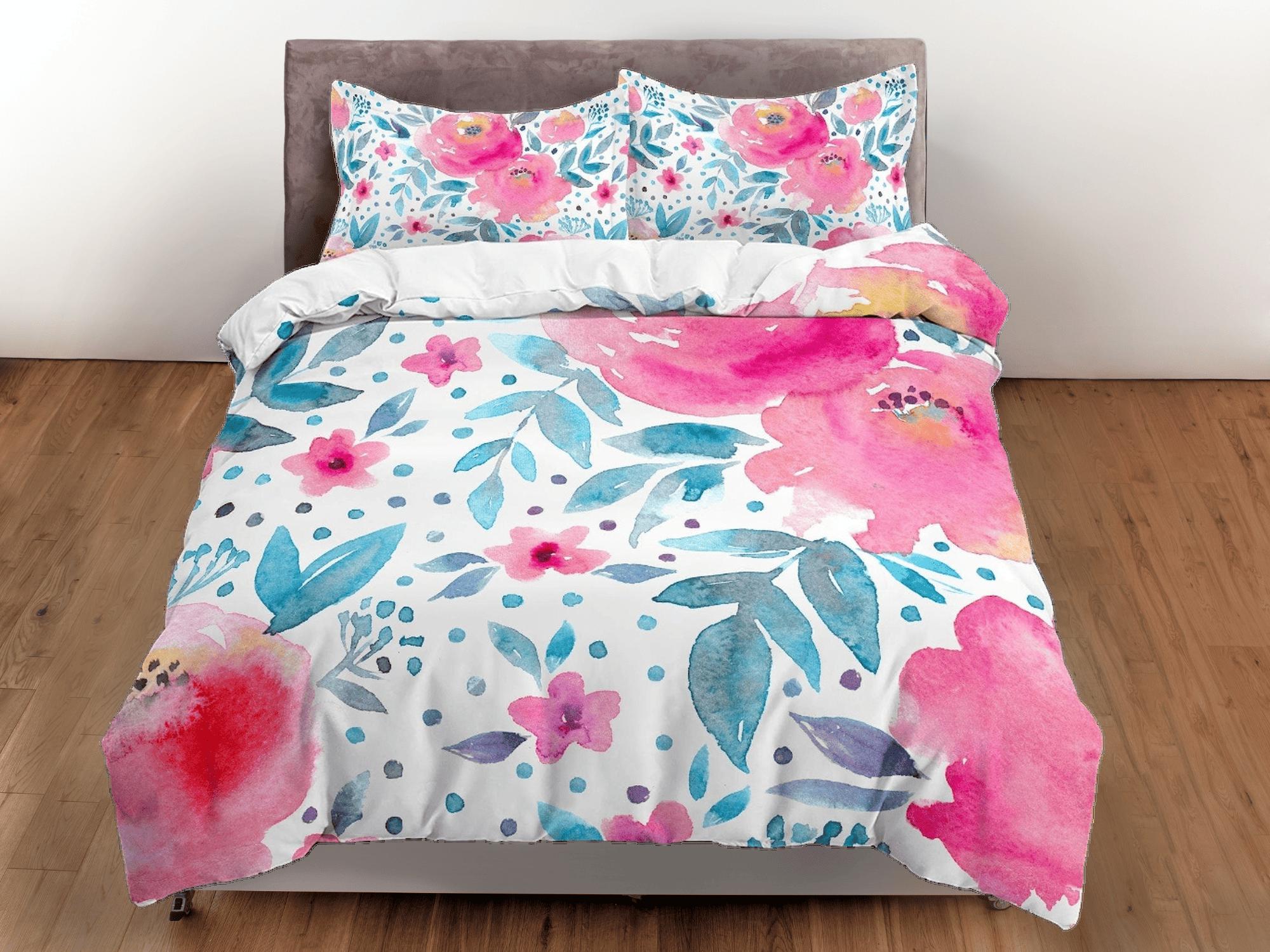 daintyduvet Pink floral painted duvet cover colorful bedding, teen girl bedroom, baby girl crib bedding boho maximalist bedspread aesthetic bedding