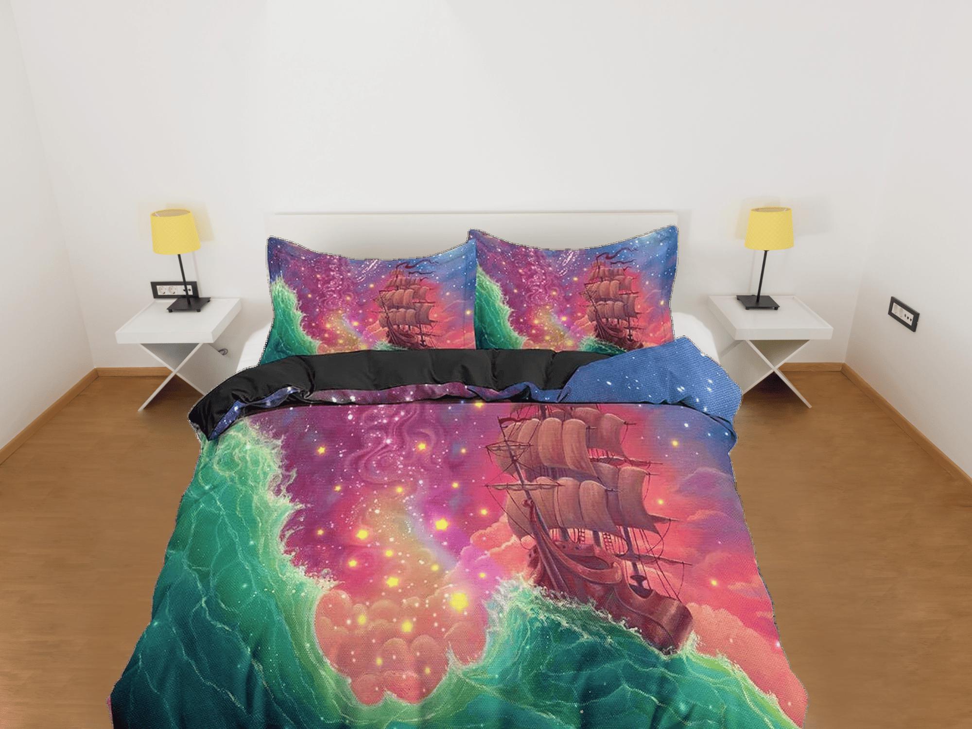 daintyduvet Pink galaxy bedding with viking ship, space bedding set full, cosmic duvet cover king, queen, dorm bedding, toddler bedding aesthetic duvet