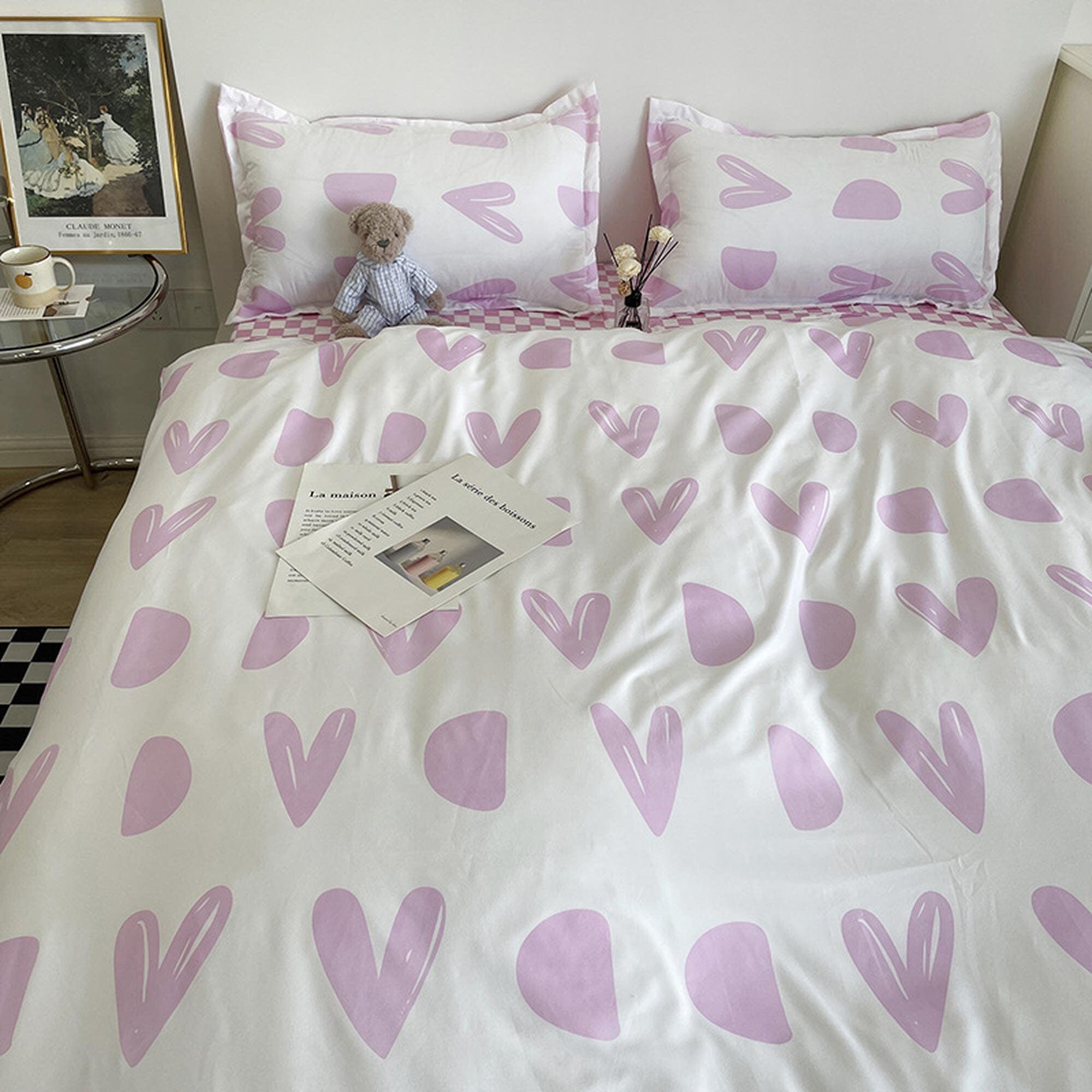 daintyduvet Pink Hearts Bedding Set, Checkered Bedding Flat Sheet, Kawaii Dorm Bedding, Aesthetic Bedding, Kids Duvet Cover King Queen Full Twin Single