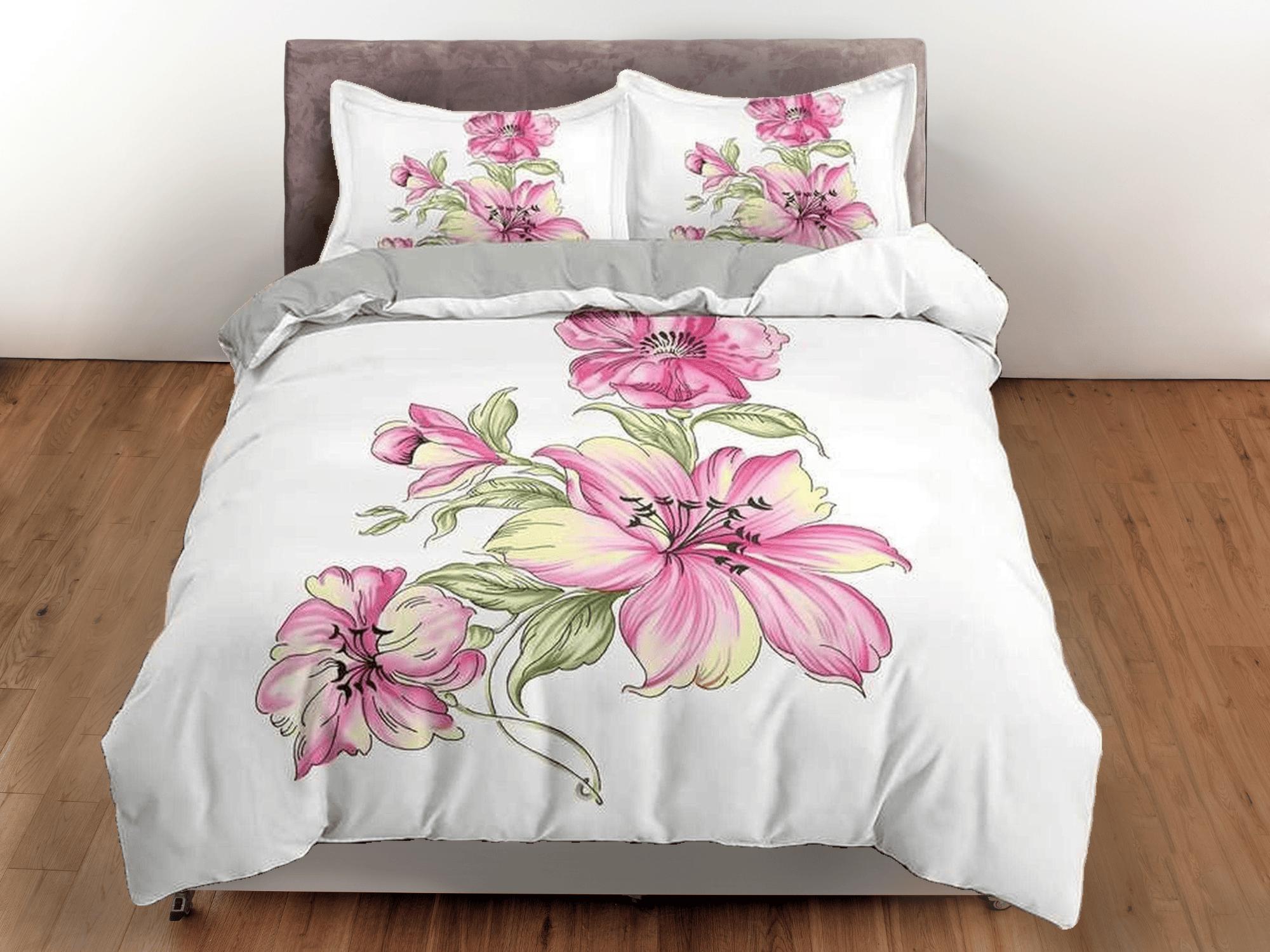 daintyduvet Pink lily floral duvet cover colorful bedding, teen girl bedroom, baby girl crib bedding boho maximalist bedspread aesthetic bedding