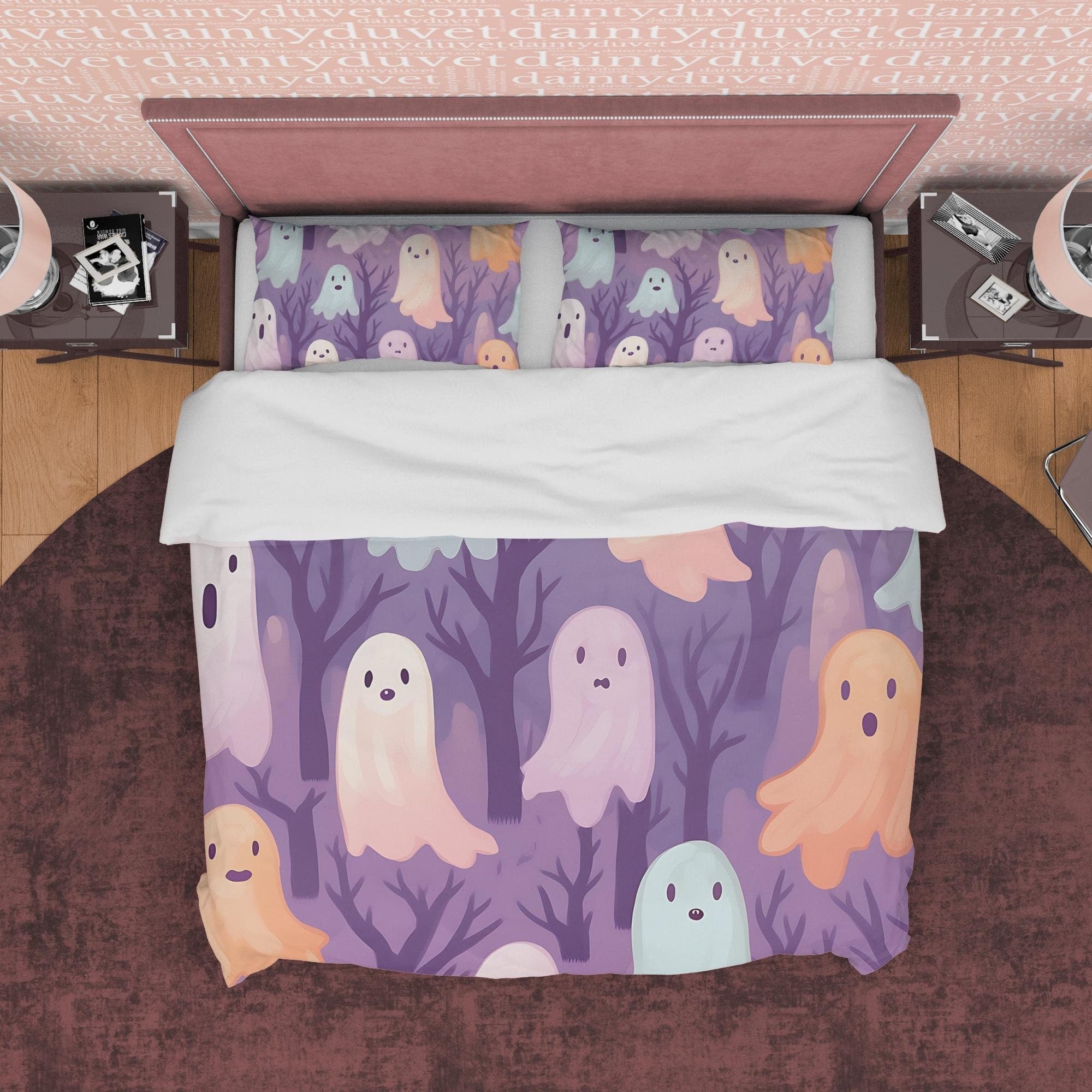 Pink, Orange Cute Ghosts, Purple Duvet Cover Set, Aesthetic Bedding, Halloween Room Decor, US, UK, European, Australian Bed Size