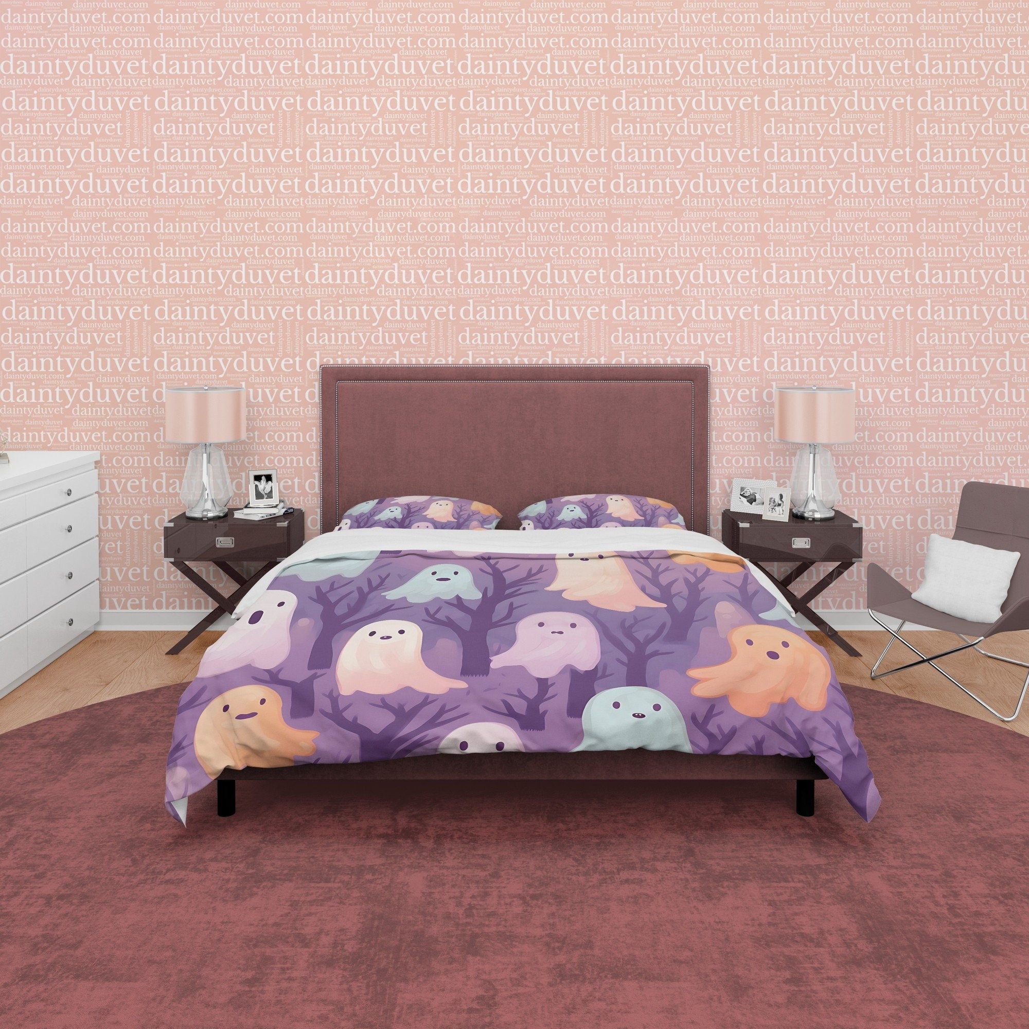 Pink, Orange Cute Ghosts, Purple Duvet Cover Set, Aesthetic Bedding, Halloween Room Decor, US, UK, European, Australian Bed Size