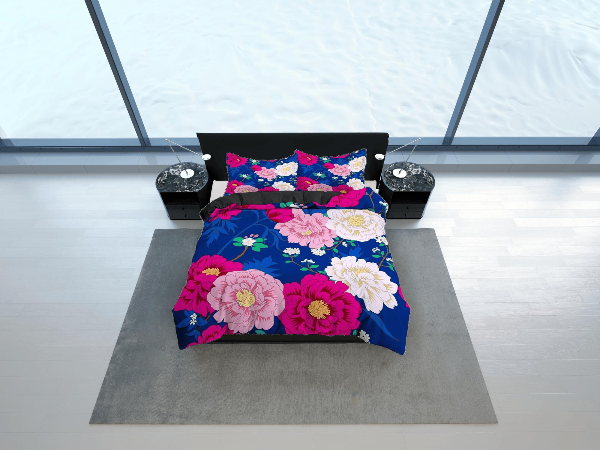 daintyduvet Pink peony floral bedding blue, luxury duvet cover queen, king, boho duvet, designer bedding, aesthetic bedding, maximalist decor bedding