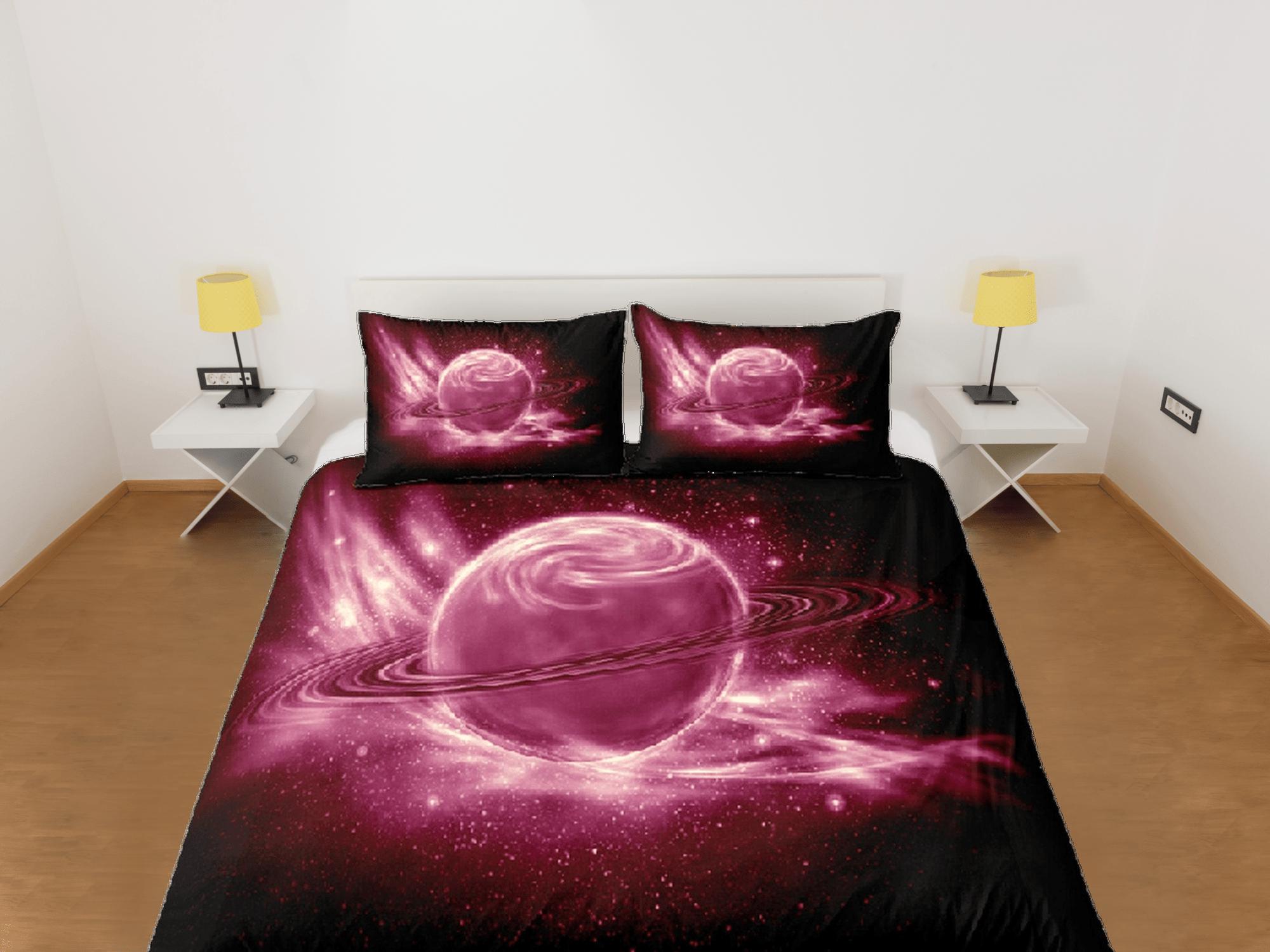daintyduvet Pink planet duvet cover set, Saturn galaxy bedding, outer space bedding set full, duvet cover king, queen, dorm bedding, toddler bedding