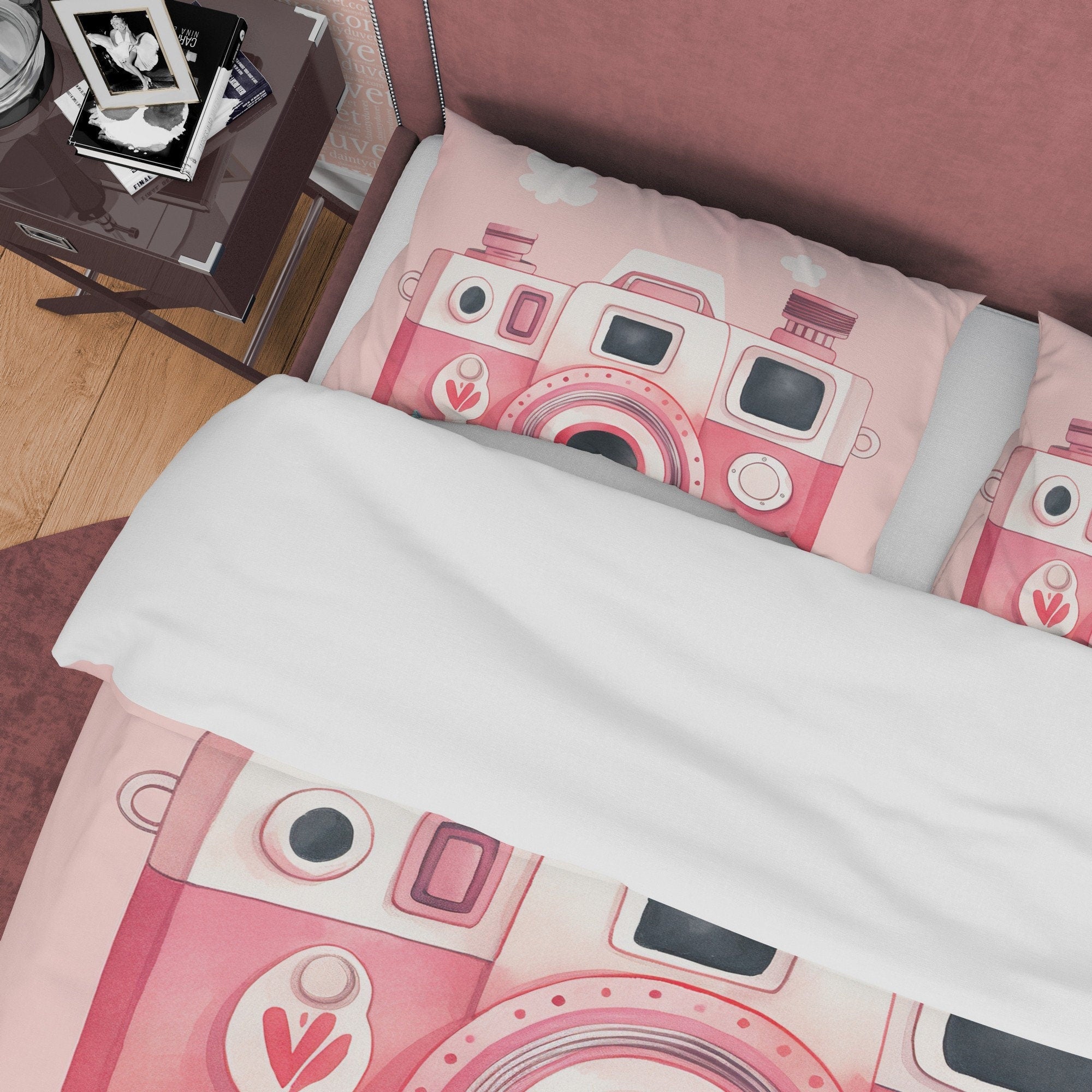 Pink Retro Camera Duvet Cover Set Baby Bedding, Girly Bedroom Set, Vintage Cute Quilt Cover, Photophille Bedspread, Photographer Gift