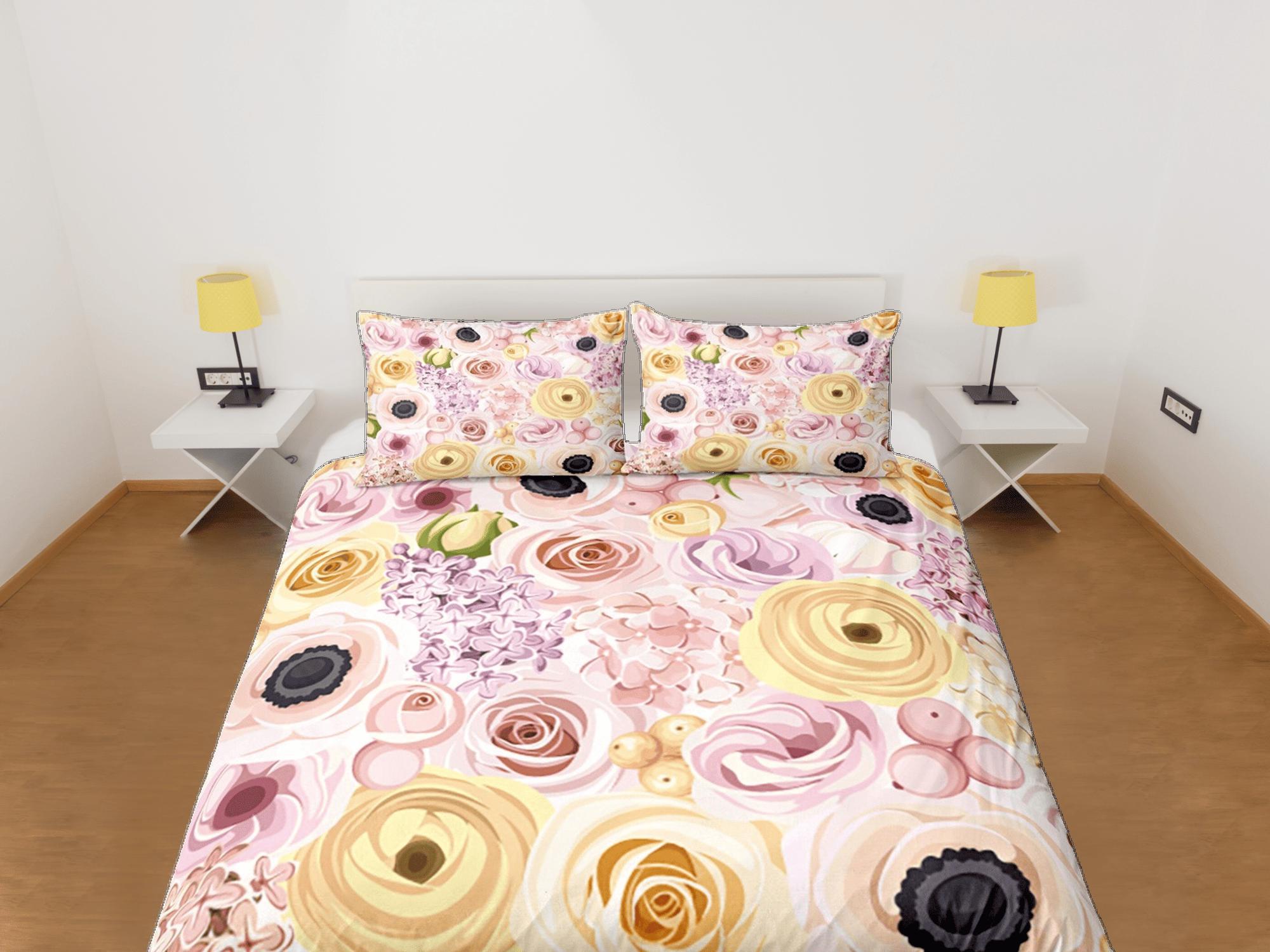 daintyduvet Pink Roses Beige Duvet Cover Set Colorful Bedspread, Floral Dorm Bedding Pillowcase