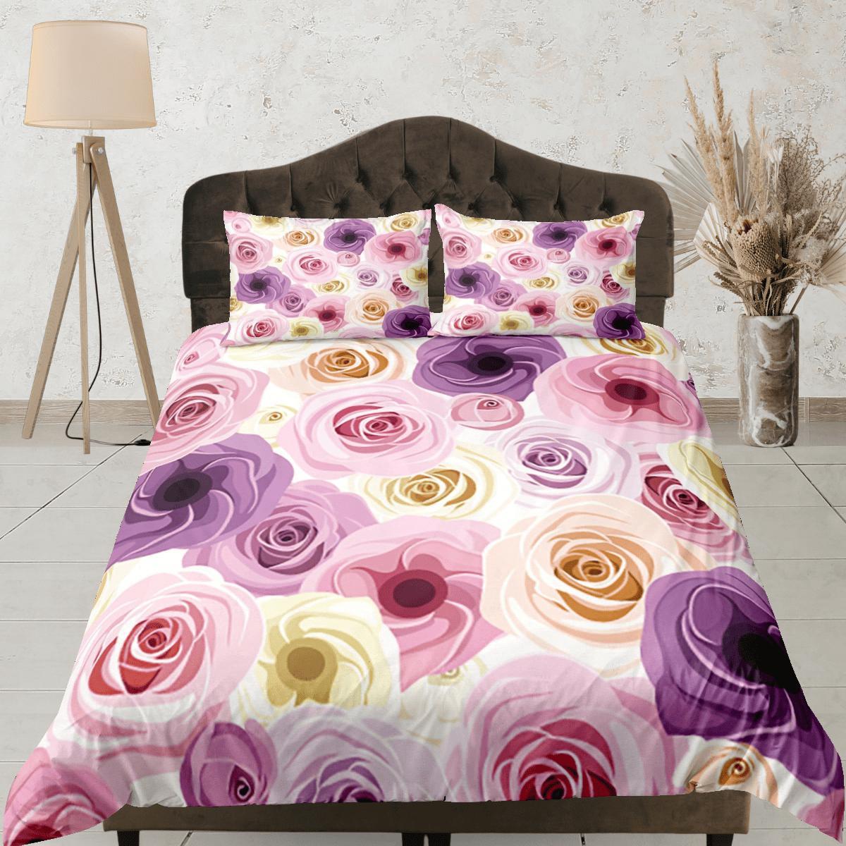 daintyduvet Pink Roses Duvet Cover Set Colorful Bedspread, Floral Girly Dorm Bedding Pillowcase