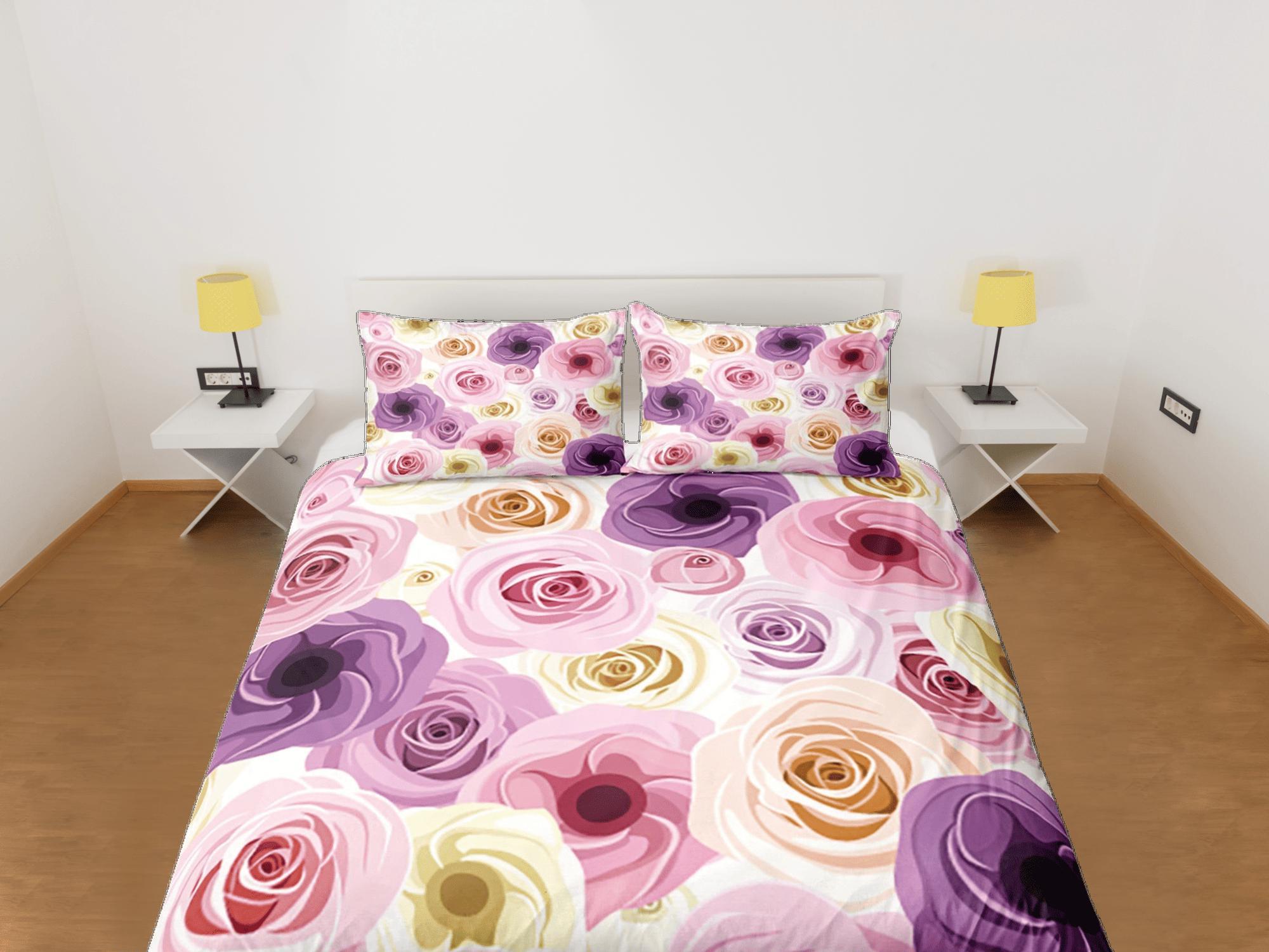 daintyduvet Pink Roses Duvet Cover Set Colorful Bedspread, Floral Girly Dorm Bedding Pillowcase