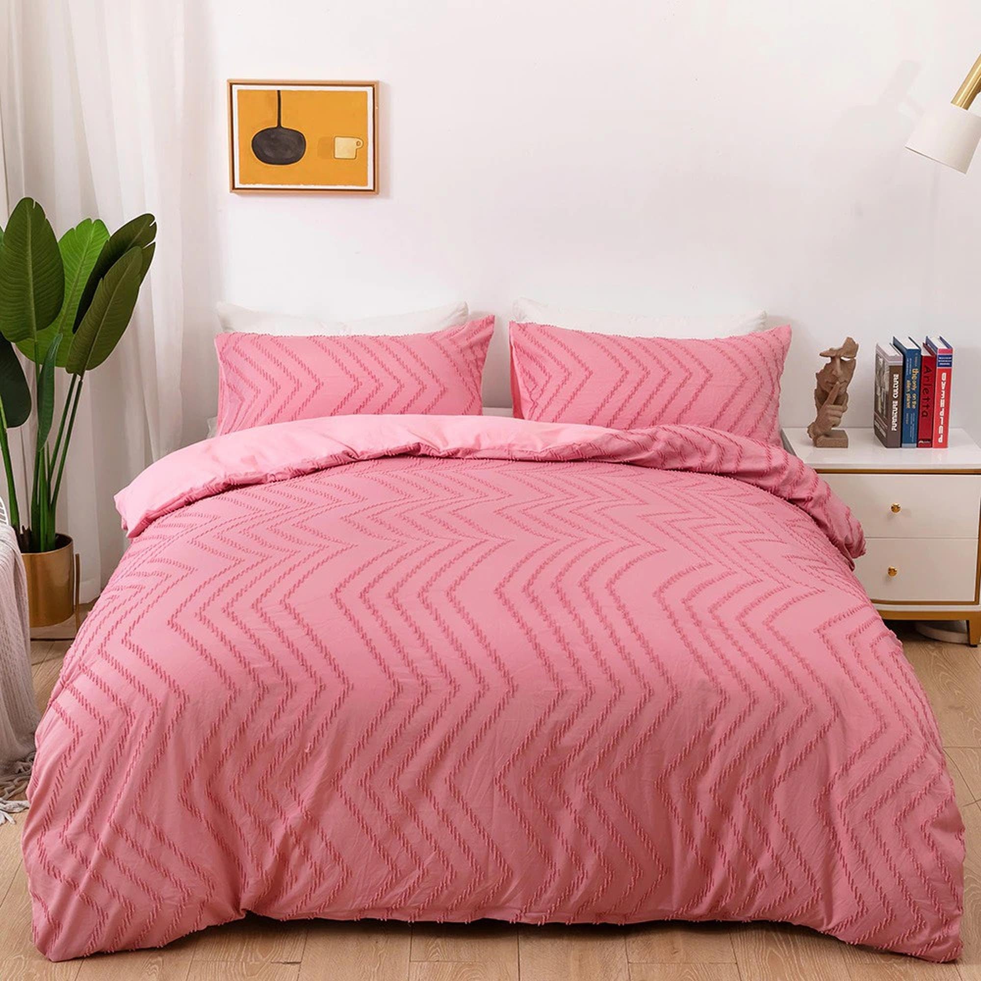 daintyduvet Pink Tufted Bed, Tufted Duvet Cover Set, Pom Pom Chevron Chenille Quilt, Boho Bed Cover, Shabby Chic Bedding, Textured Duvet King Queen
