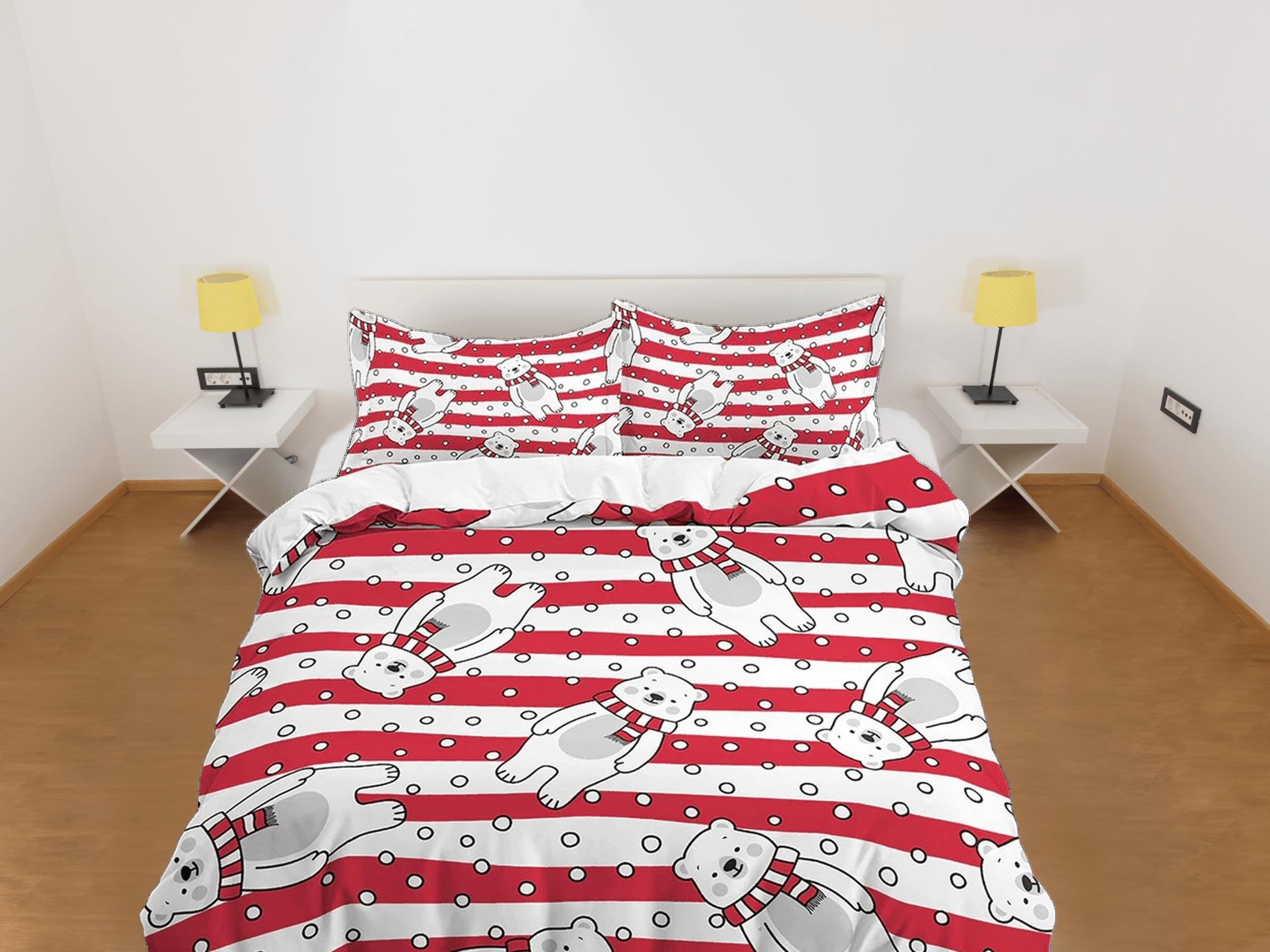 daintyduvet Polar bear in red stripes toddler bedding, duvet cover for nursery kids, crib bedding, baby zipper bedding, king queen full twin