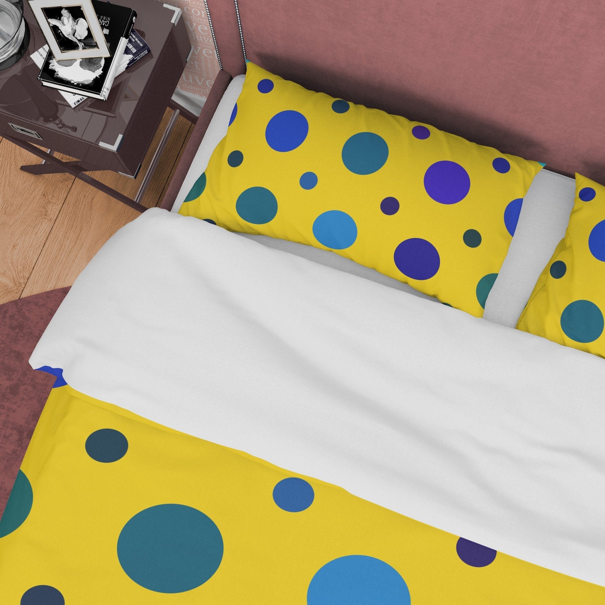 Polka Dot Duvet Cover Geometric Bedding, Blue Dotted Quilt Cover, Yellow Blanket Cover Mid Century Modern Bedroom Set, Colorful Bedspread