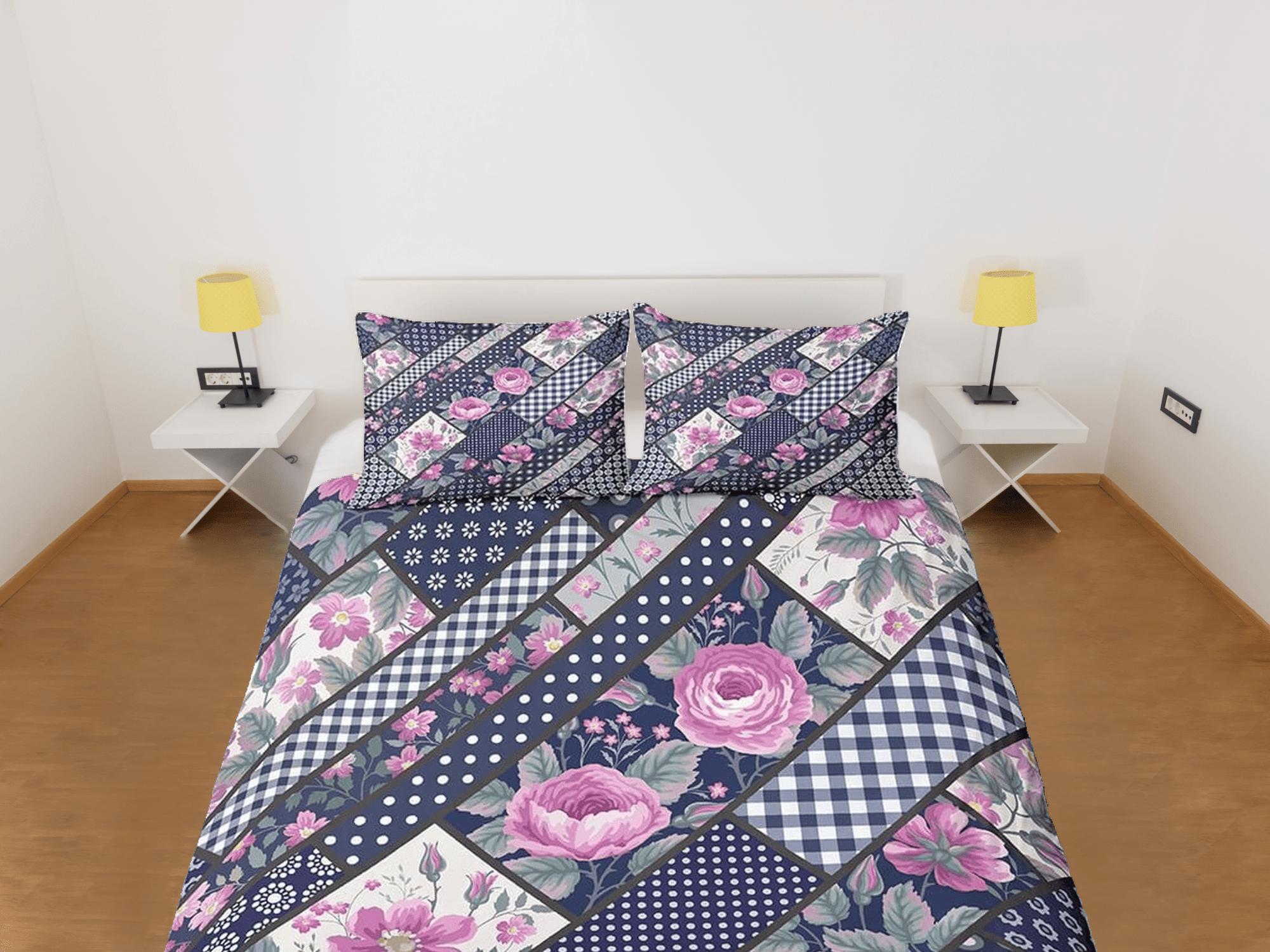 daintyduvet Polkadot pink floral patchwork quilt printed duvet cover set, aesthetic decor bedding set full, king, queen size, boho bedspread shabby chic
