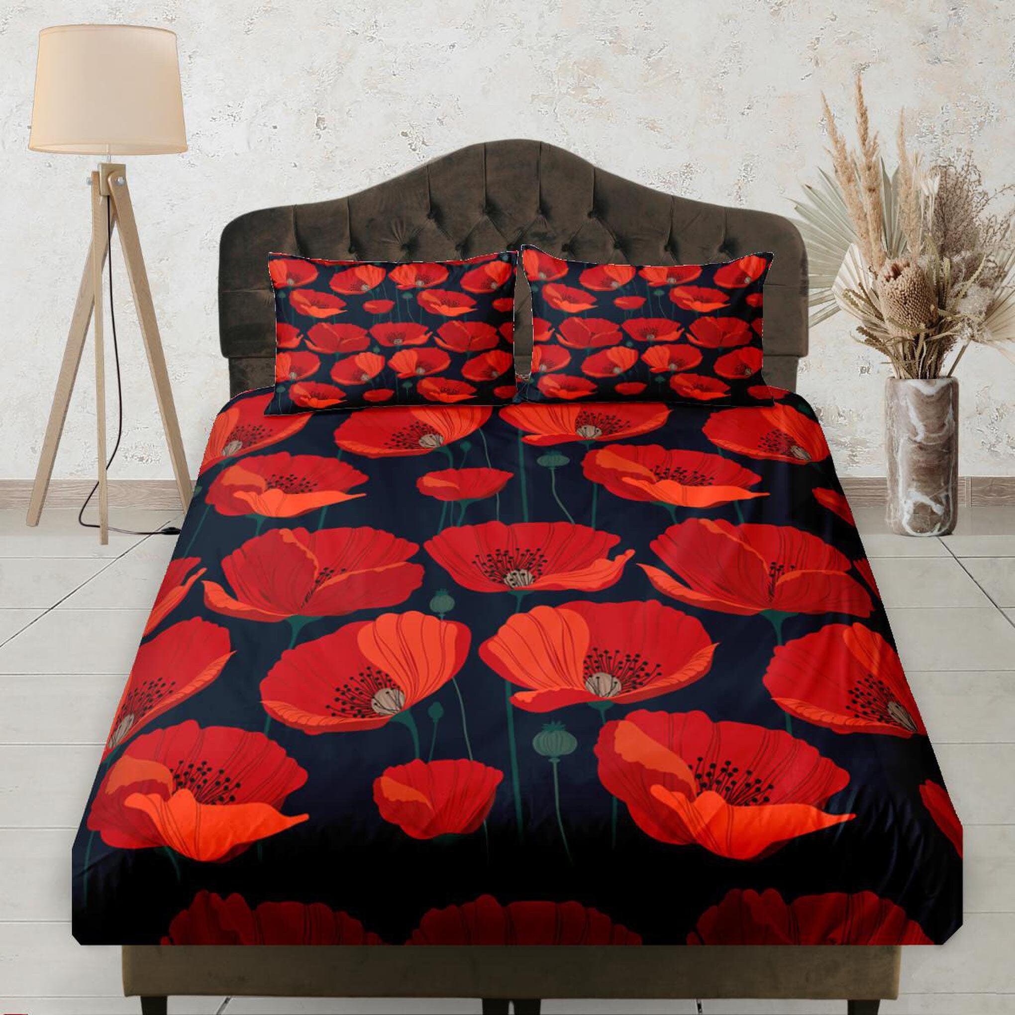 daintyduvet Poppy Red Fitted Sheet Deep Pocket, Floral Prints, Aesthetic Boho Bedding Set Full, Elastic Bedsheet, Dorm Bedding, Crib Sheet, King, Queen