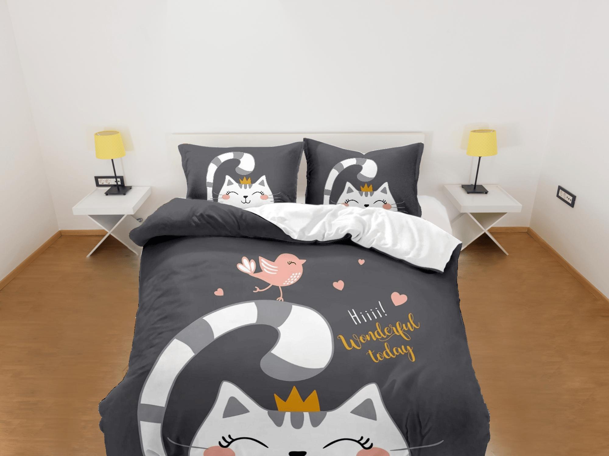 daintyduvet Princess cat bedding black, toddler bedding, kids duvet cover set, gift for cat lovers, baby bedding, baby shower gift, cute cat