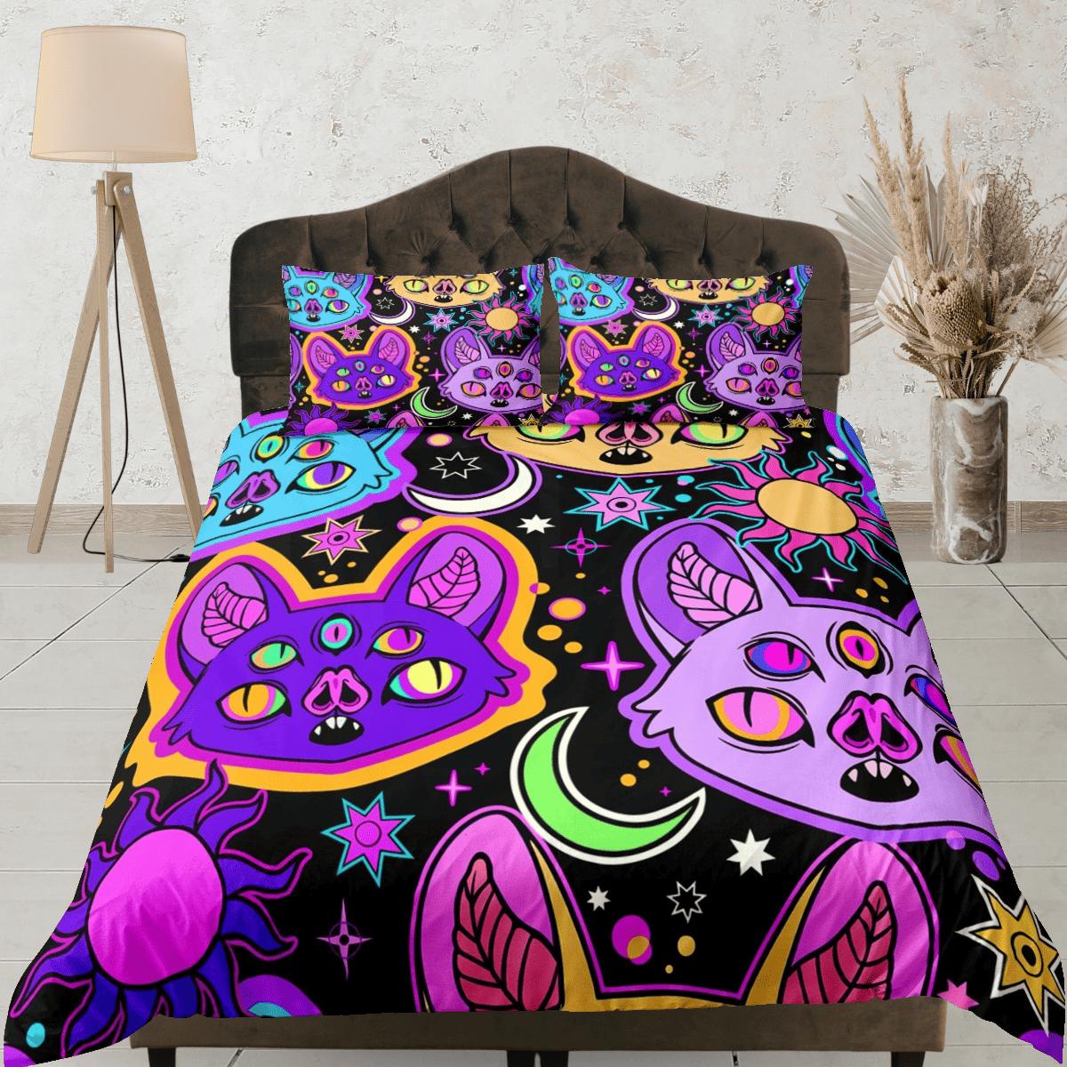 daintyduvet Psychedelic bats 90s neon halloween bedding hippie retro duvet cover set, colorful dorm bedding, teens bedroom, adult duvet, toddler bedding