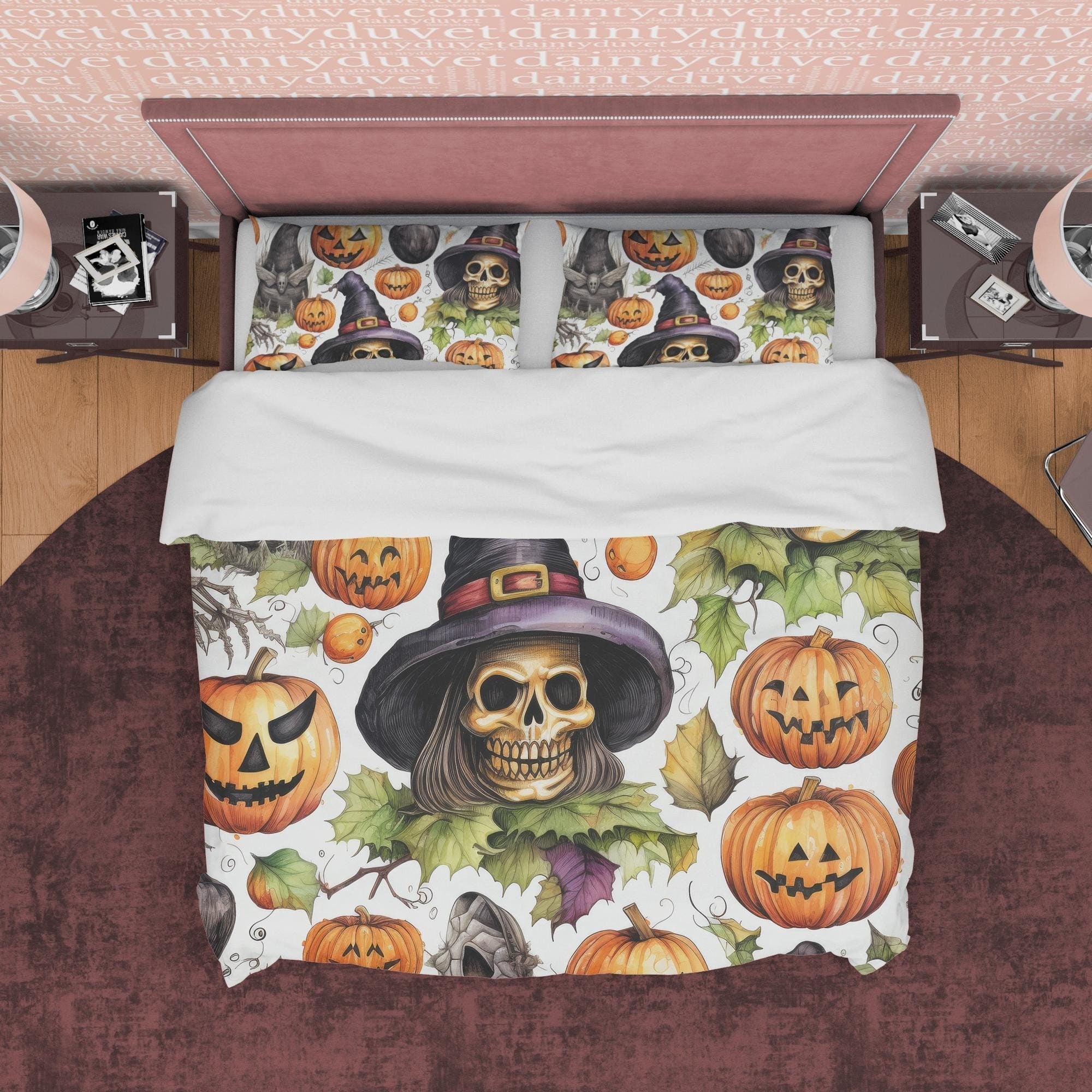 Pumpkin and Witch Skull Retro White Duvet Cover Set, Aesthetic Zipper Bedding, Halloween Room Decor, US, UK, European, Australian Bed Size