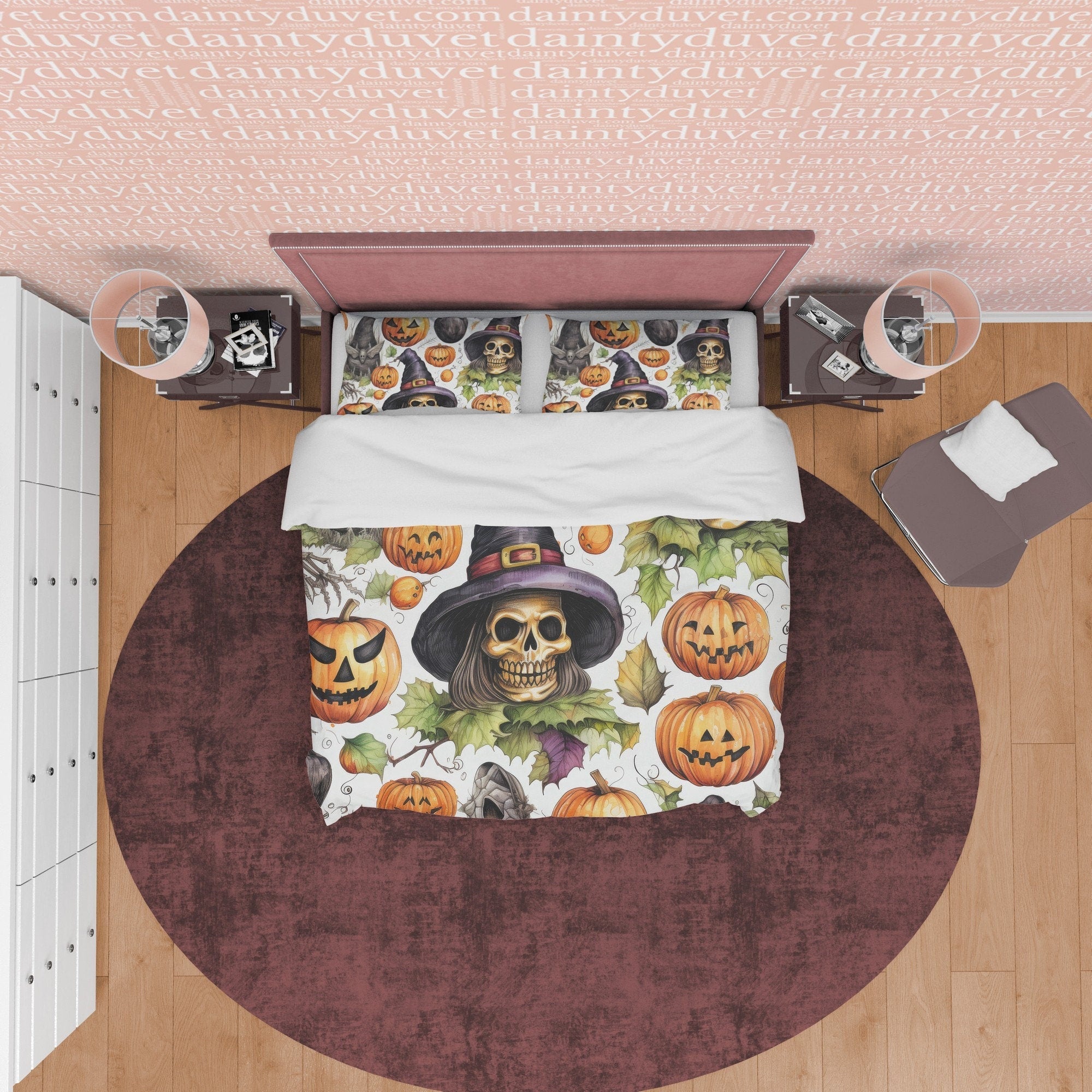 Pumpkin and Witch Skull Retro White Duvet Cover Set, Aesthetic Zipper Bedding, Halloween Room Decor, US, UK, European, Australian Bed Size