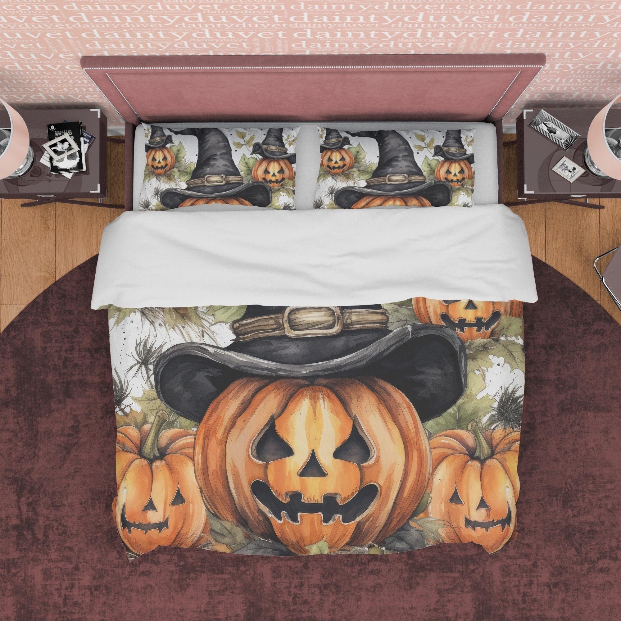 Pumpkin Duvet Cover Set Retro Aesthetic Bedding, Halloween Room Decor, Autumn Quilt Cover, Cowboy Hat Farmhouse Bedding, King, Queen, Full