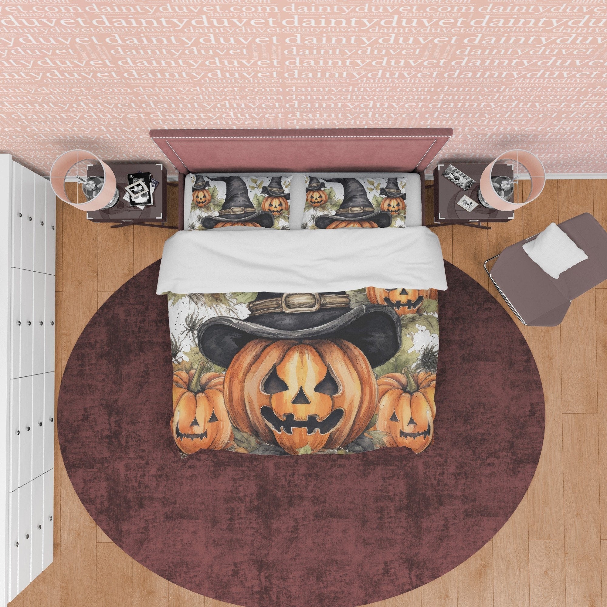 Pumpkin Duvet Cover Set Retro Aesthetic Bedding, Halloween Room Decor, Autumn Quilt Cover, Cowboy Hat Farmhouse Bedding, King, Queen, Full