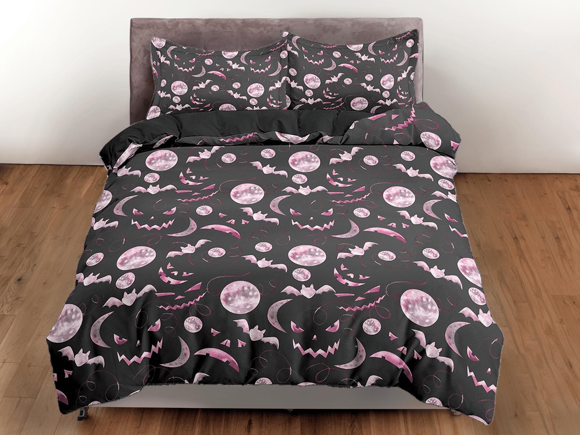 daintyduvet Pumpkin faces and bats pink halloween bedding & pillowcase, black duvet cover set dorm bedding, halloween gift, nursery toddler bedding