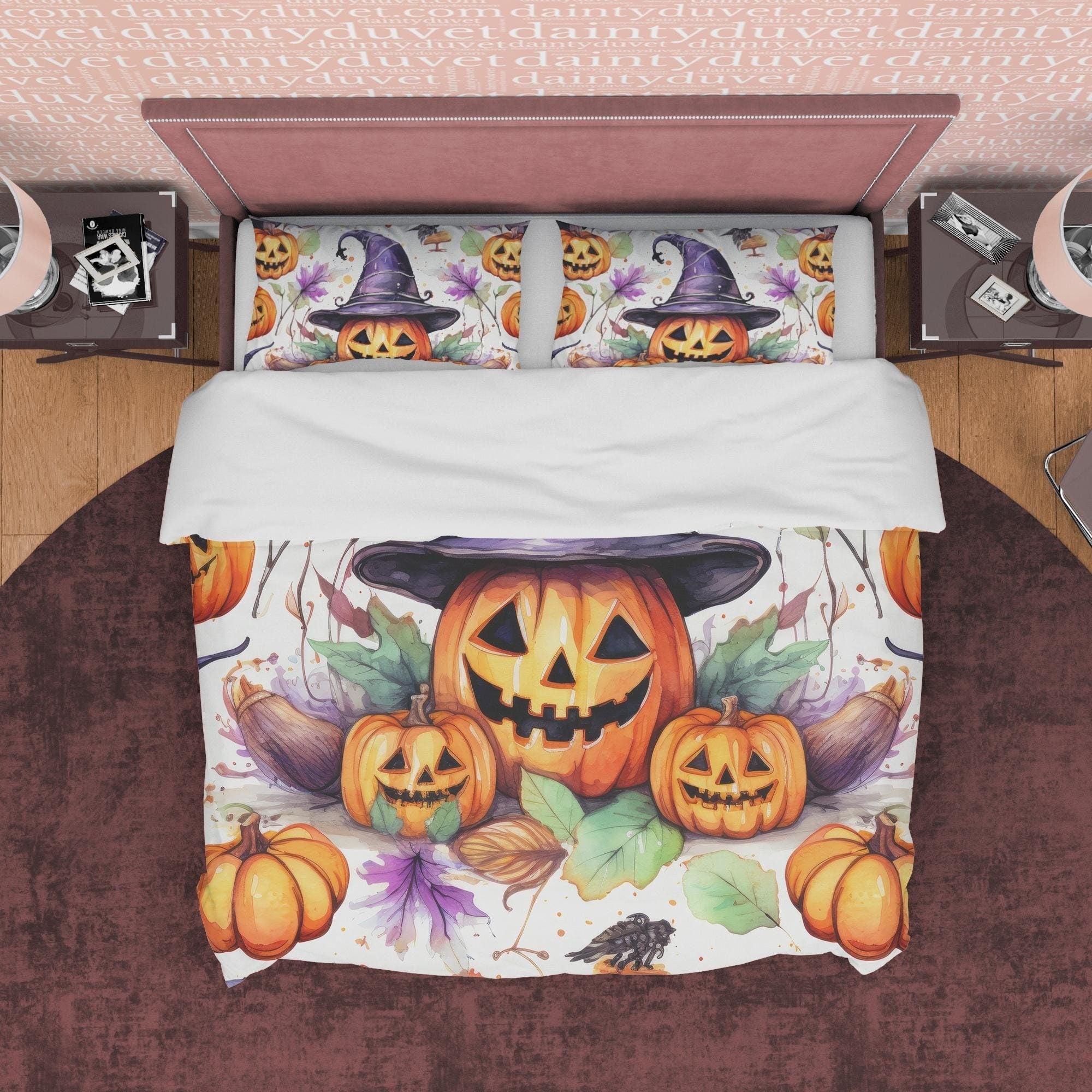 Pumpkin Family Duvet Cover Set, Spooky Bedding, Halloween Room Decor, Witch Hat, Retro Aesthetic Farmhouse, US, European, Aus Bed Size