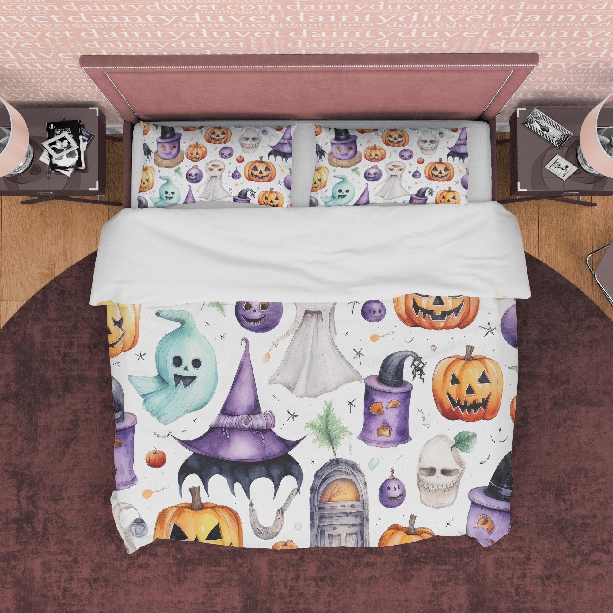 Pumpkin, Ghost and Witch Hat Printed Duvet Cover Set, Aesthetic Zipper Bedding, Halloween Room Decor, US, UK, European, Australian Bed Size