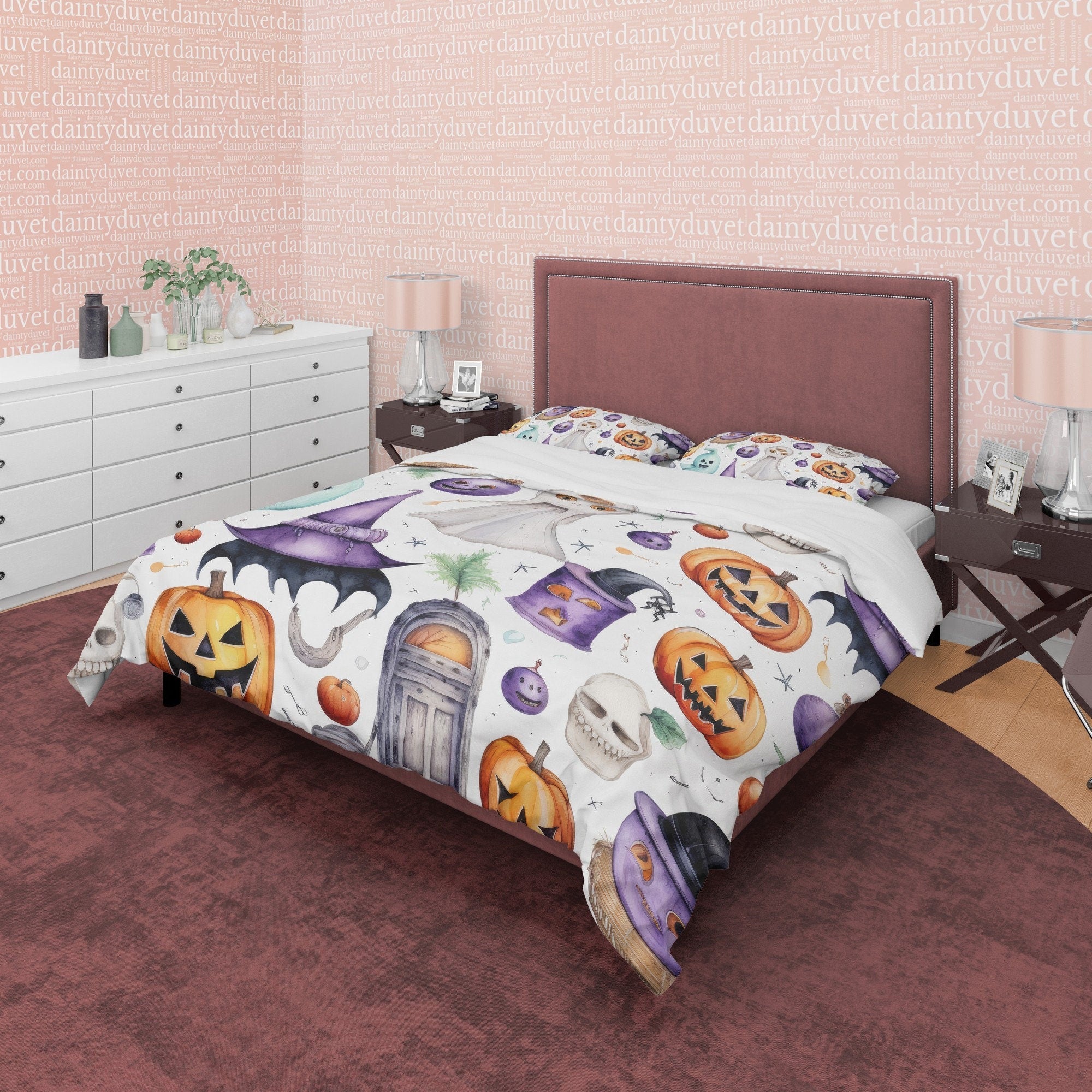 Pumpkin, Ghost and Witch Hat Printed Duvet Cover Set, Aesthetic Zipper Bedding, Halloween Room Decor, US, UK, European, Australian Bed Size