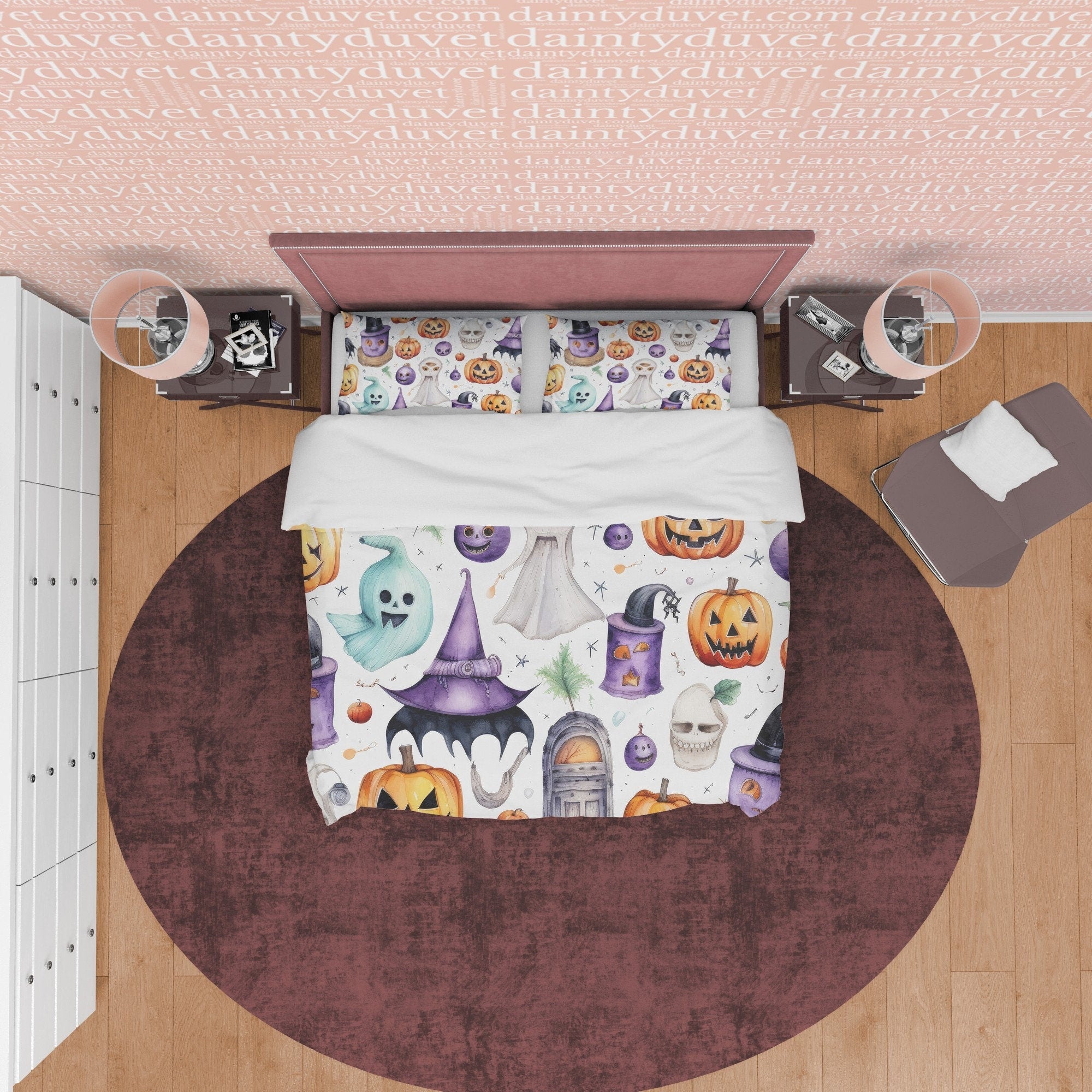 Pumpkin, Ghost and Witch Hat Printed Duvet Cover Set, Aesthetic Zipper Bedding, Halloween Room Decor, US, UK, European, Australian Bed Size