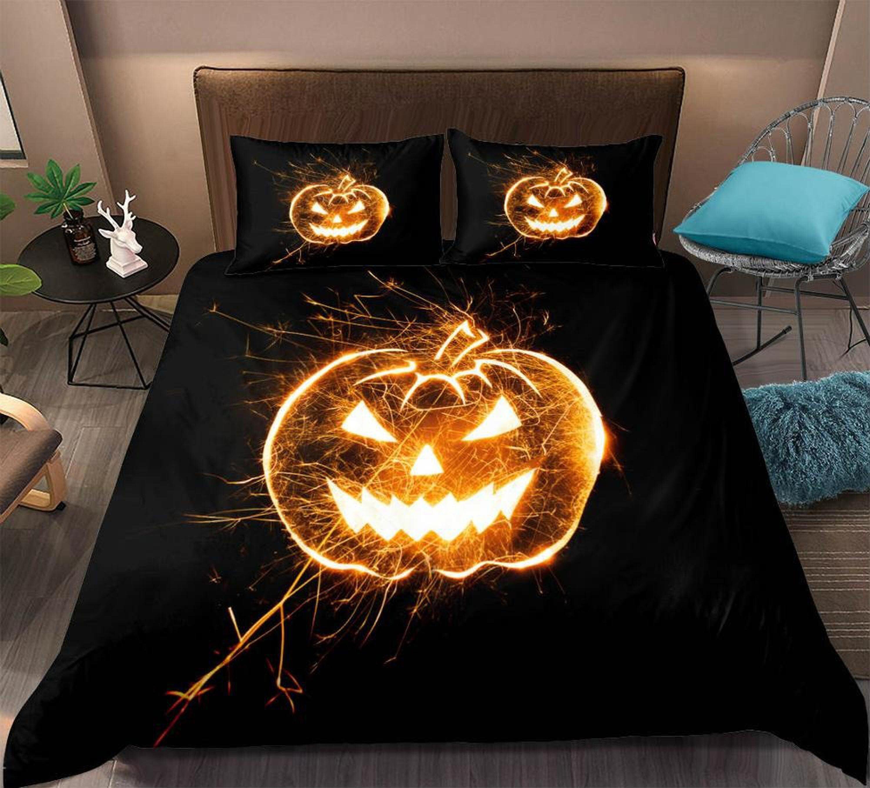 daintyduvet Pumpkin lantern sparks halloween bedding & pillowcase, black duvet cover, dorm bedding, goth decor toddler bedding, halloween gift