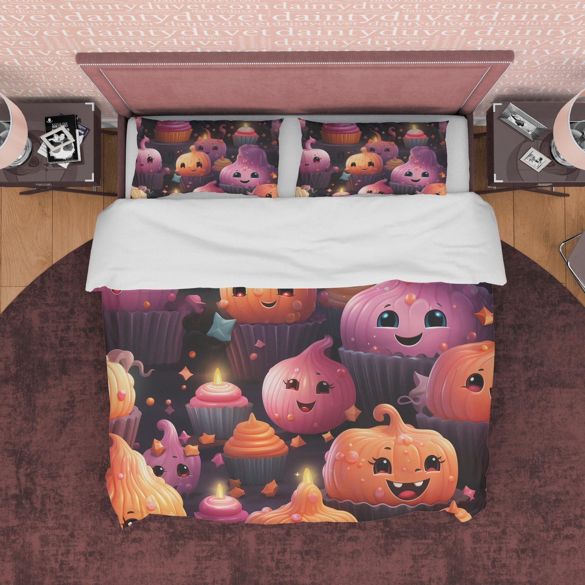 Pumpkin Onion & Cupcakes Duvet Cover Set Spooky Bedding, Cute Halloween Room Decor, Kids Bedspread, Zipper Quilt Cover, Aesthetic Bed Cover
