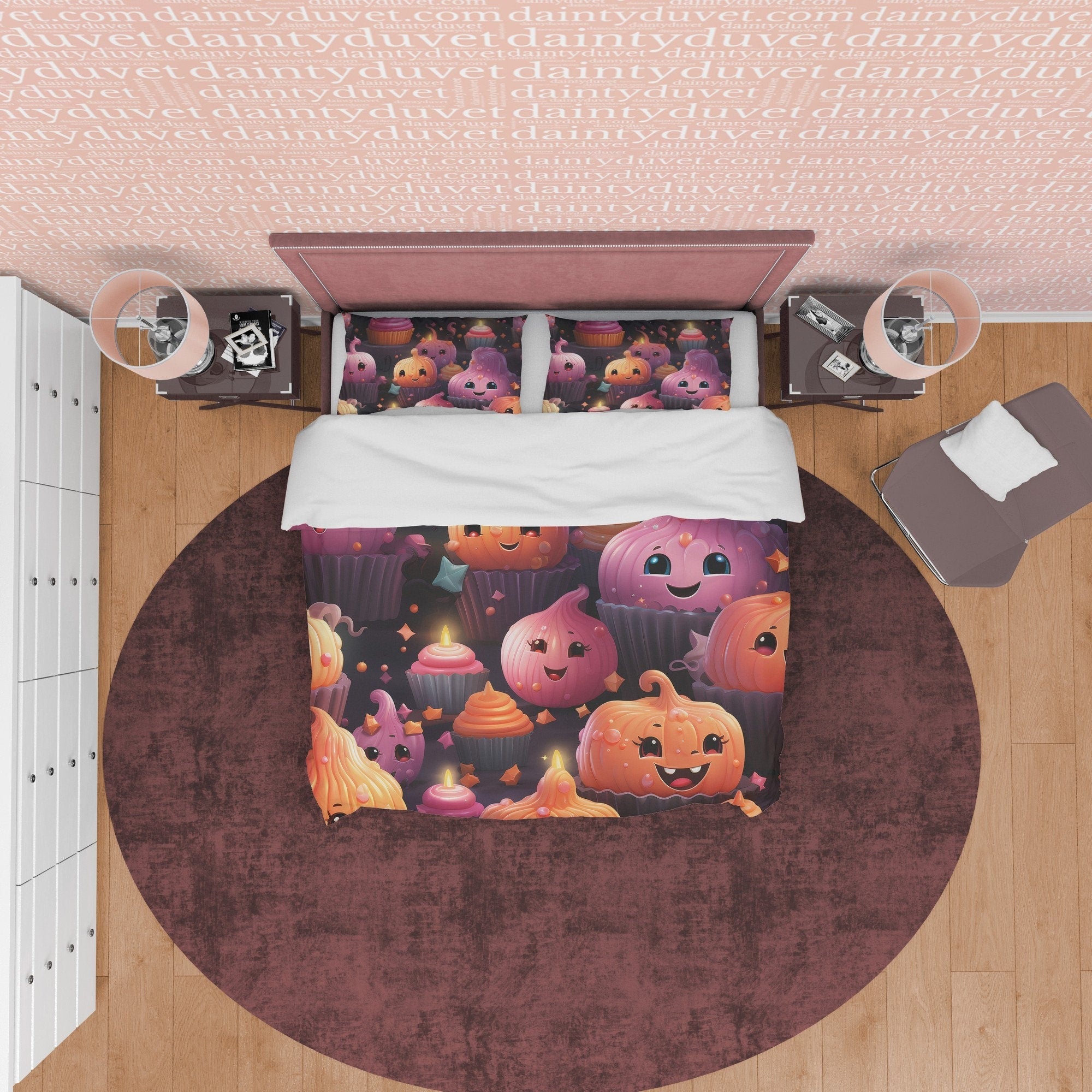 Pumpkin Onion & Cupcakes Duvet Cover Set Spooky Bedding, Cute Halloween Room Decor, Kids Bedspread, Zipper Quilt Cover, Aesthetic Bed Cover