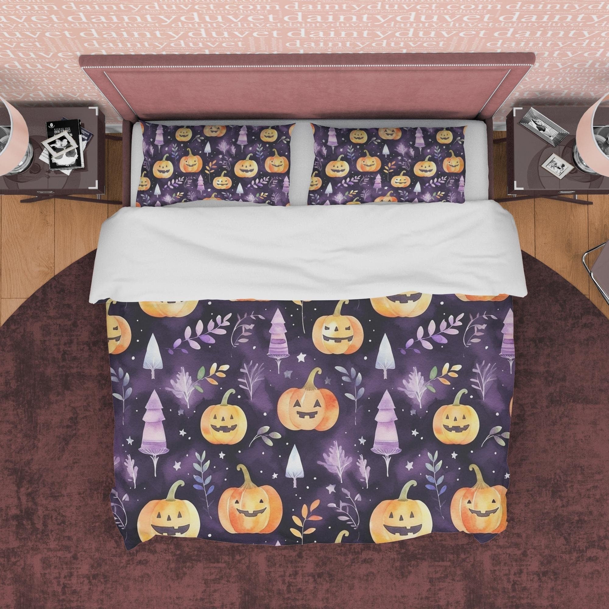Pumpkin Purple Duvet Cover Set Spooky Bedding, Halloween Decor, Autumn Bedspread, Printed Quilt Cover, Comforter Bed Cover, Dorm Bedspread