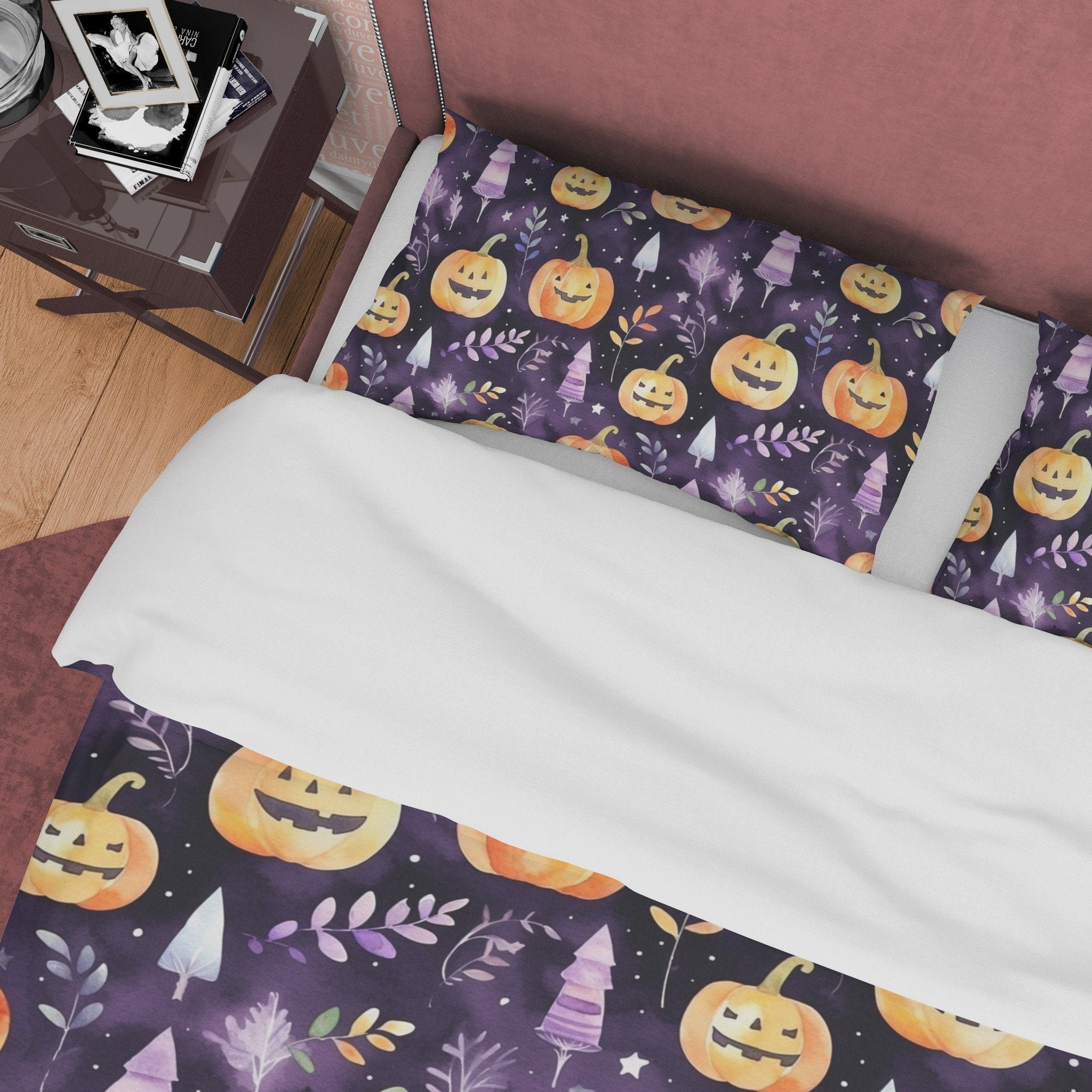 Pumpkin Purple Duvet Cover Set Spooky Bedding, Halloween Decor, Autumn Bedspread, Printed Quilt Cover, Comforter Bed Cover, Dorm Bedspread