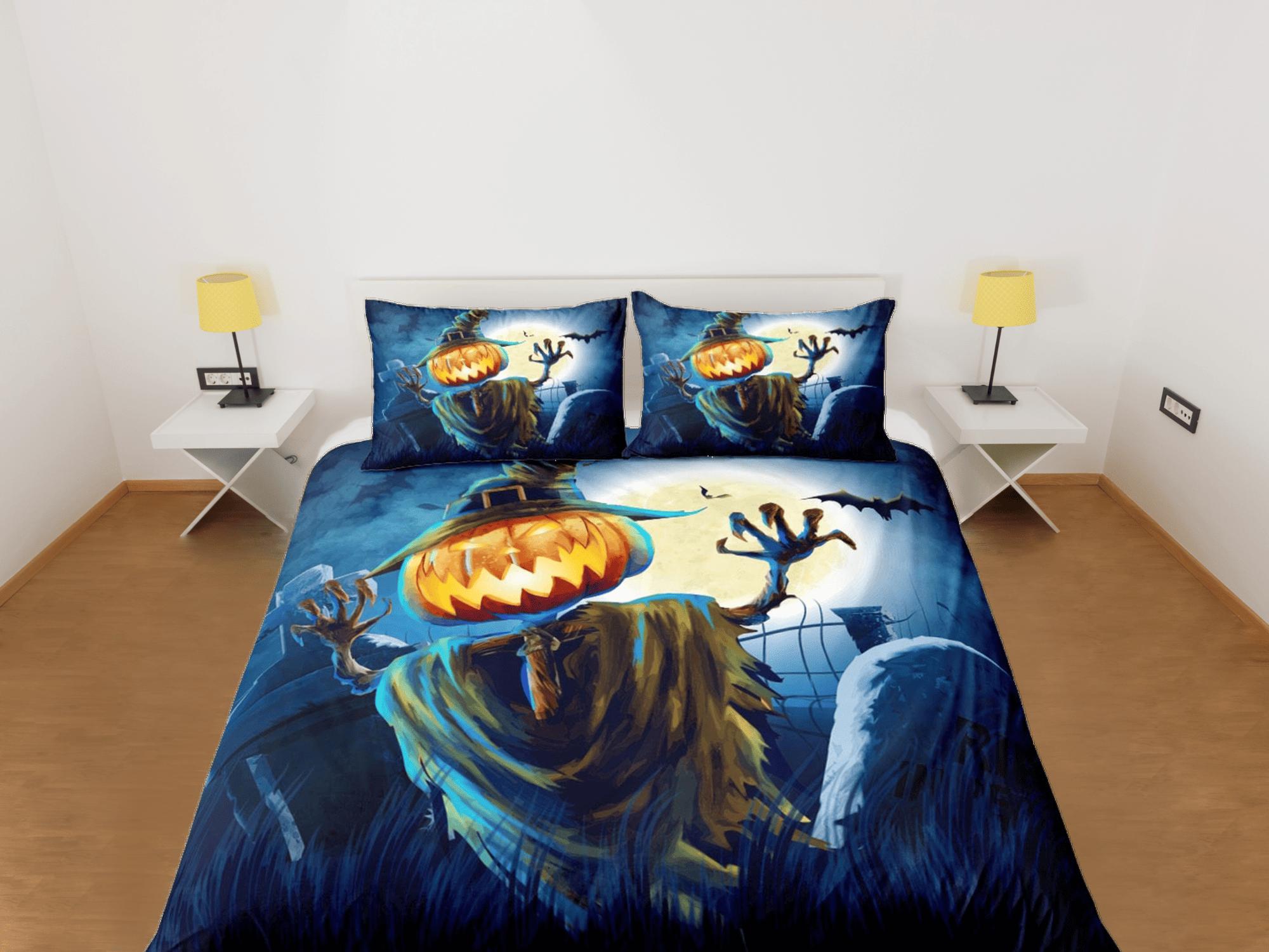 daintyduvet Pumpkin scarecrow halloween bedding & pillowcase, gothic duvet cover, dorm bedding, goth bedding halloween decor gift, toddler bedding blue