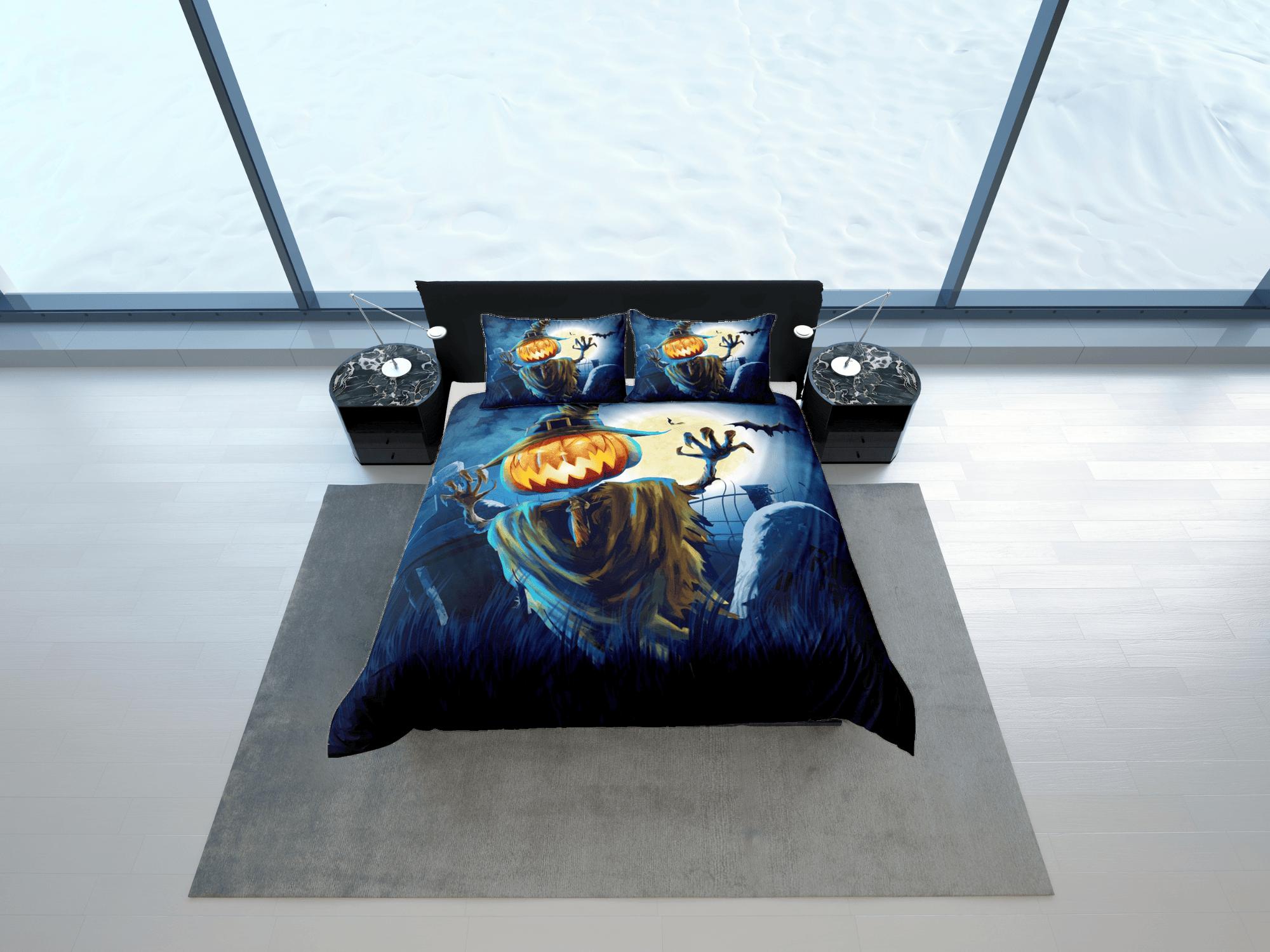 daintyduvet Pumpkin scarecrow halloween bedding & pillowcase, gothic duvet cover, dorm bedding, goth bedding halloween decor gift, toddler bedding blue