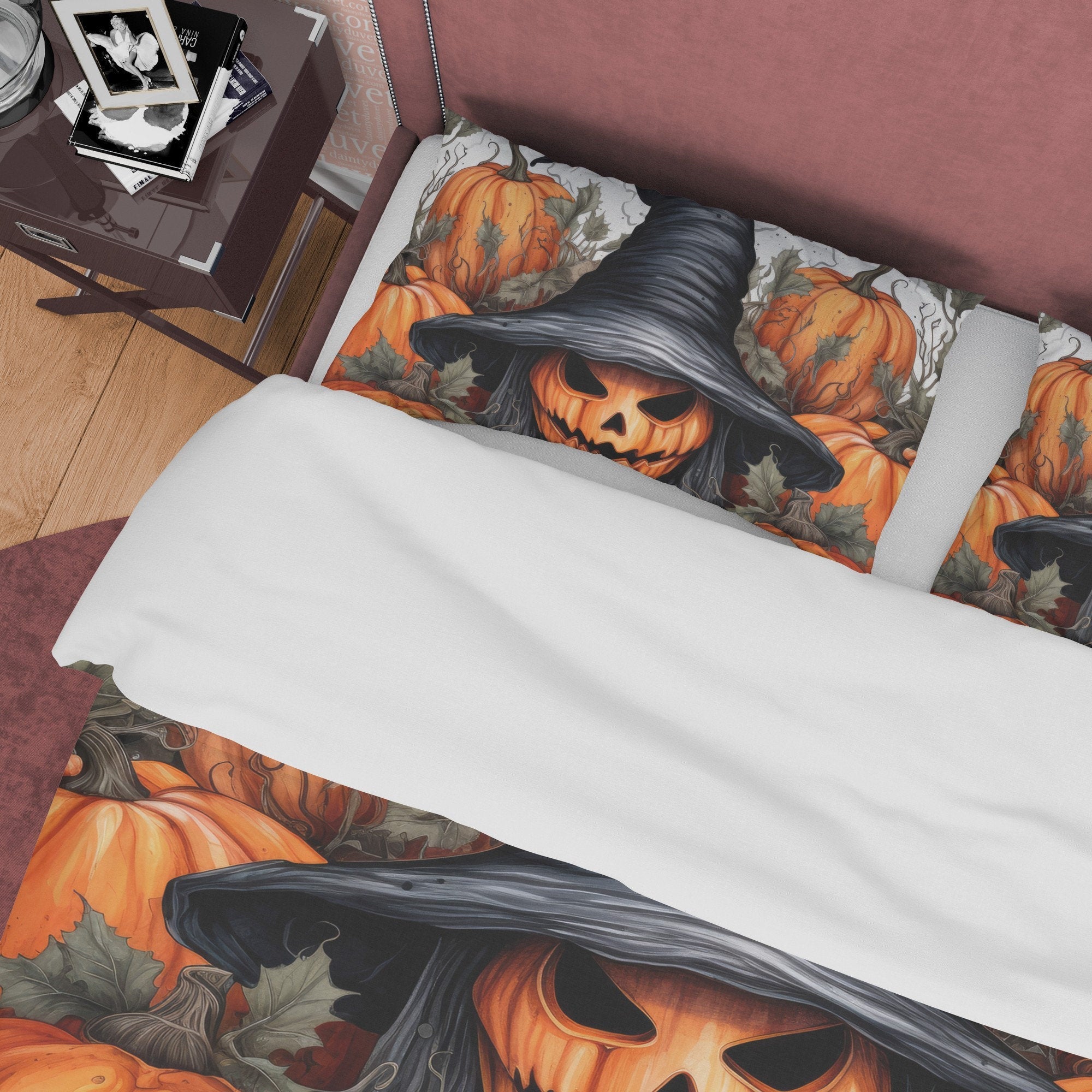 Pumpkin Witchy Duvet Cover Set, Spooky Bedding, Halloween Room Decor, Retro Aesthetic, Autumn Quilt Cover, Farmhouse Bedspread, Lodge Style