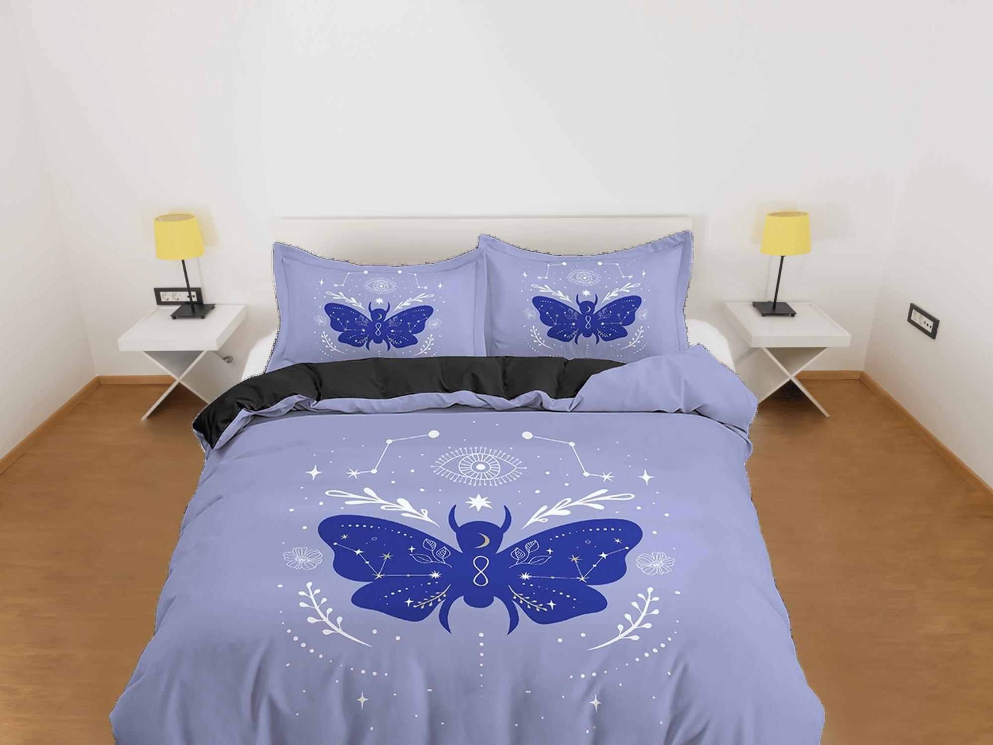 daintyduvet Purple Blue Boho Bedding with Moth and Stars, Celestial Dorm Bedding, Duvet Cover Set, Aesthetic Duvet Cover King Queen Full Twin Single