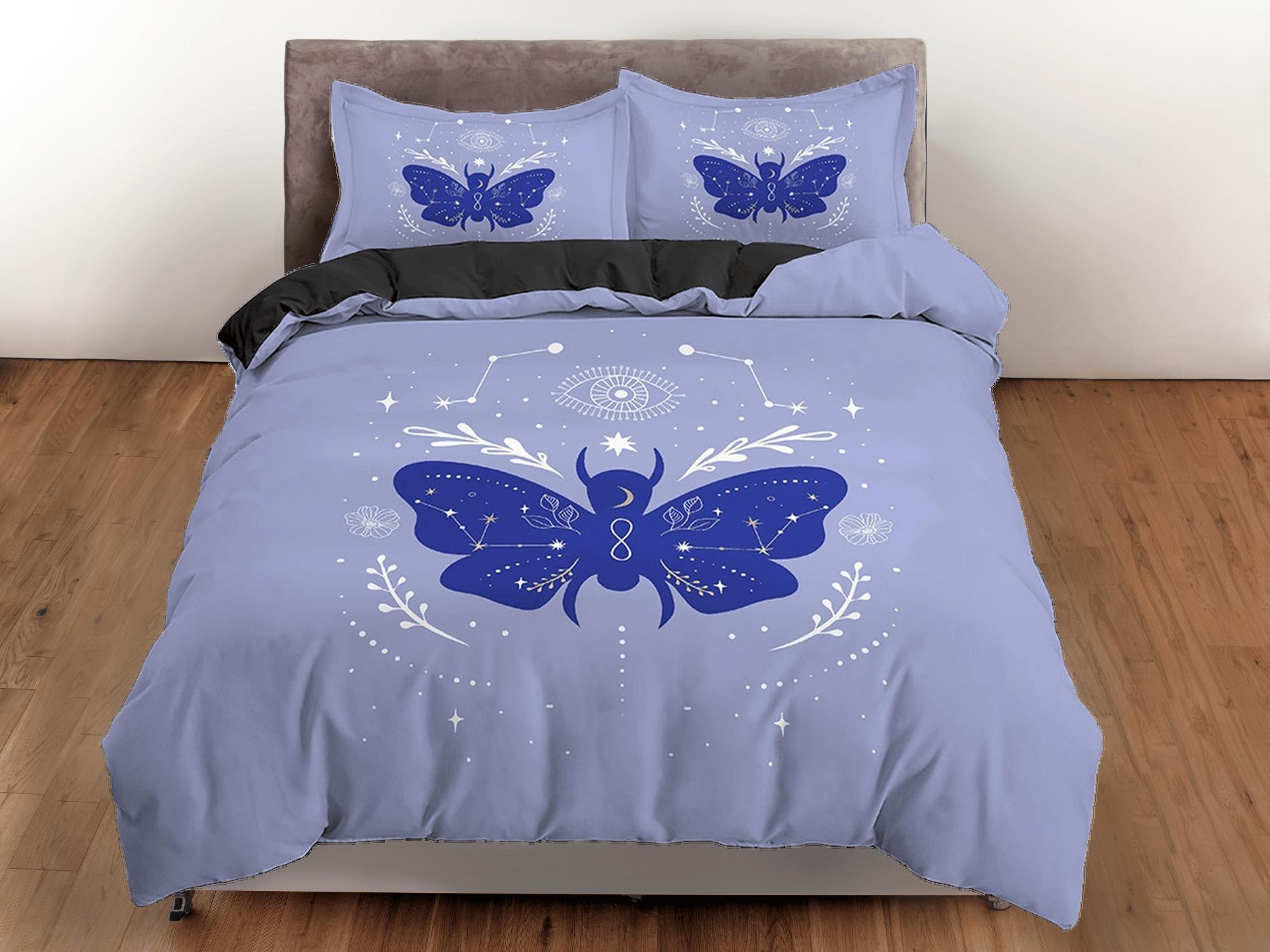 daintyduvet Purple Blue Boho Bedding with Moth and Stars, Celestial Dorm Bedding, Duvet Cover Set, Aesthetic Duvet Cover King Queen Full Twin Single