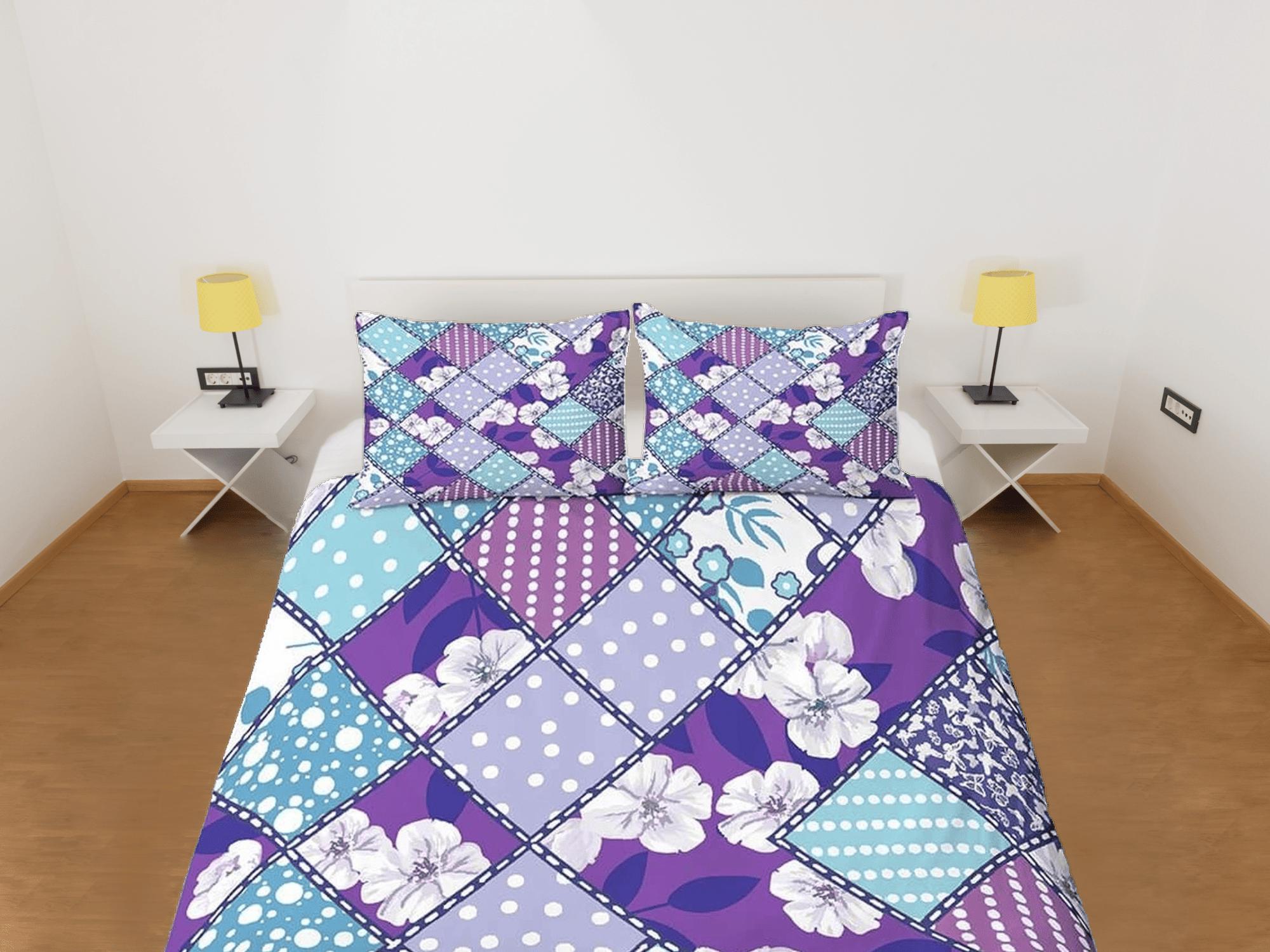 daintyduvet Purple floral patchwork quilt printed duvet cover set, aesthetic room decor bedding set full, king, queen size, boho bedspread shabby chic