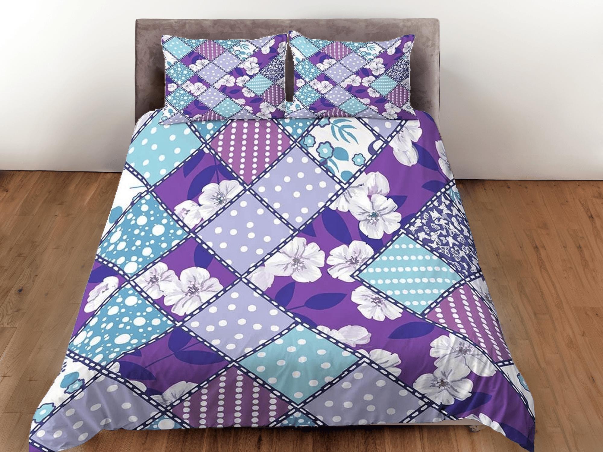 daintyduvet Purple floral patchwork quilt printed duvet cover set, aesthetic room decor bedding set full, king, queen size, boho bedspread shabby chic