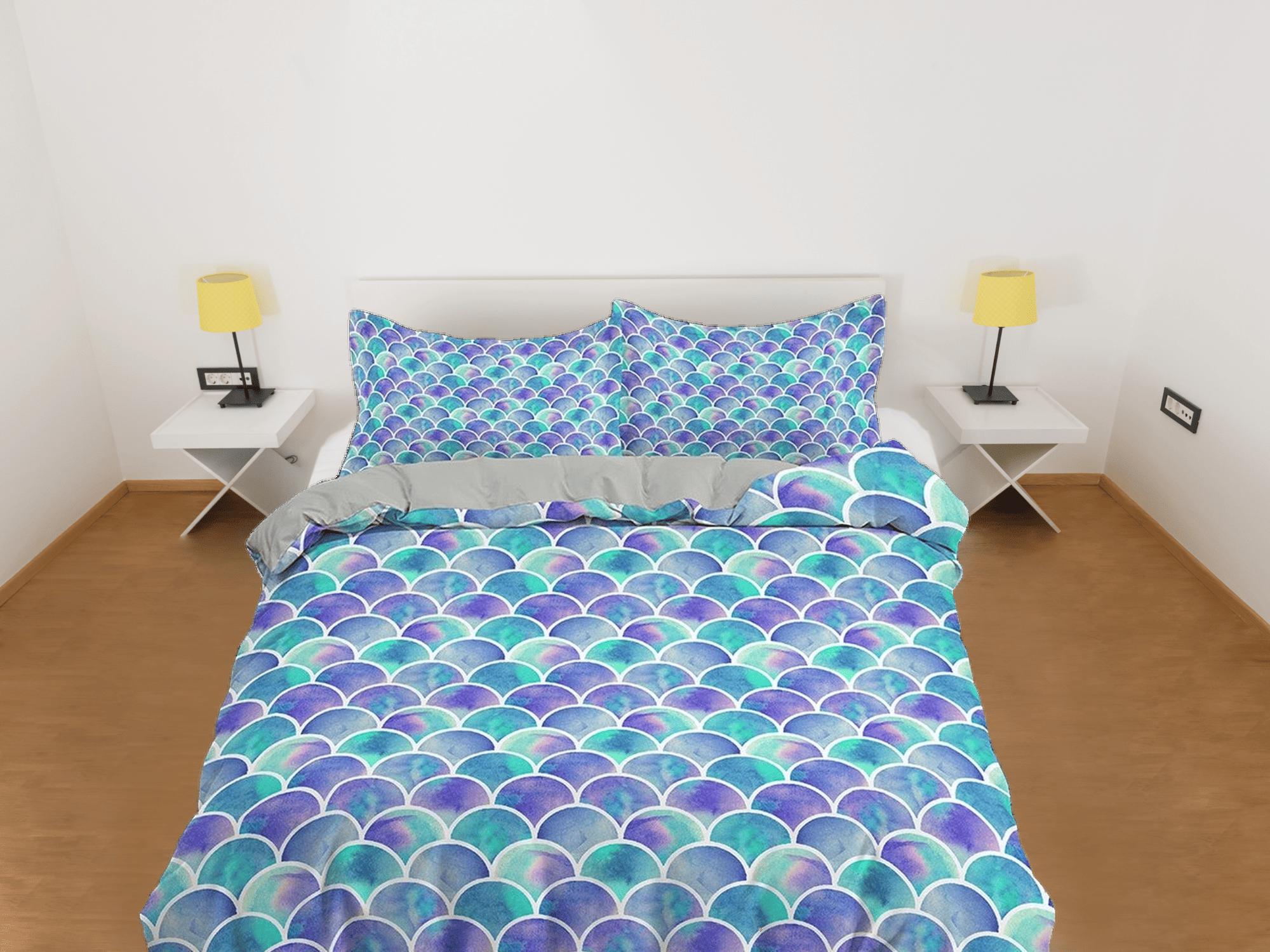 daintyduvet Purple green fish scales colorful toddler bedding, unique duvet cover kids, crib bedding, baby zipper bedding, king queen full twin