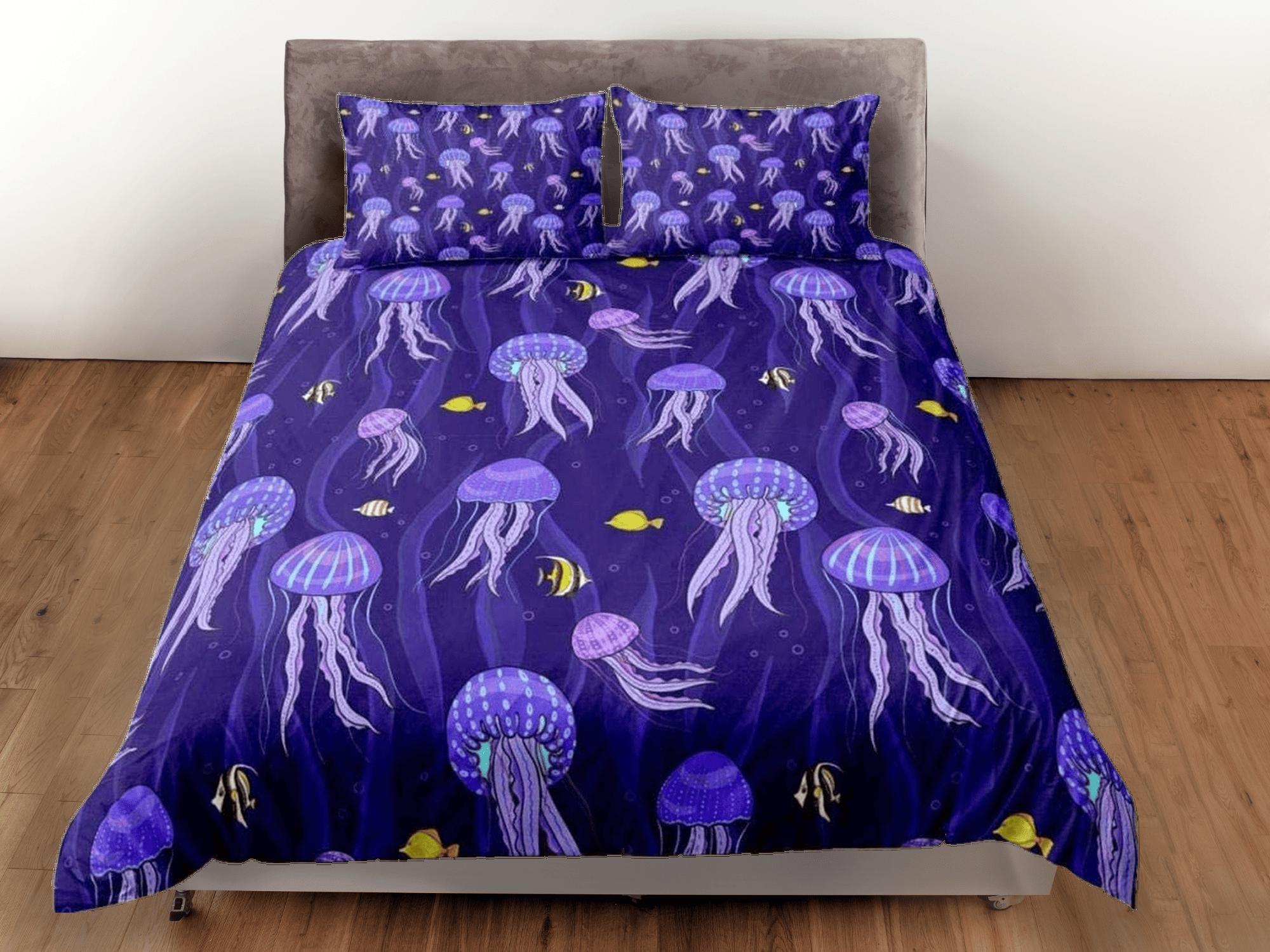daintyduvet Purple jellyfish & yellow fish bedding duvet cover, ocean blush sea animal bedding set full king queen twin crib toddler, dorm bedding gift