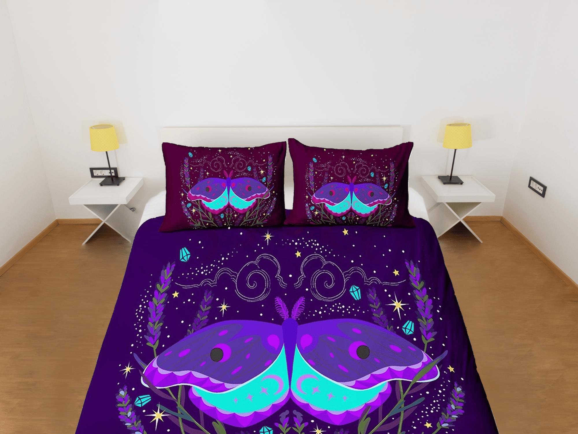 daintyduvet Purple luna moth neon celestial bedding, witchy decor dorm bedding, aesthetic duvet, boho bedding set full king queen, astrology gift gothic