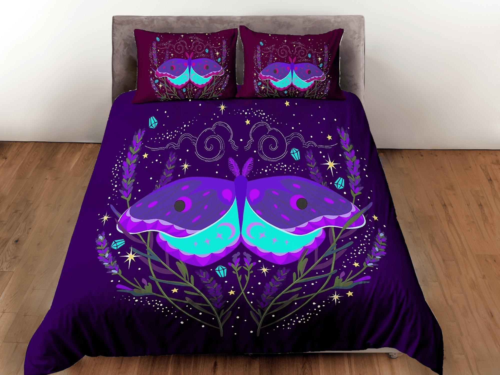 daintyduvet Purple luna moth neon celestial bedding, witchy decor dorm bedding, aesthetic duvet, boho bedding set full king queen, astrology gift gothic