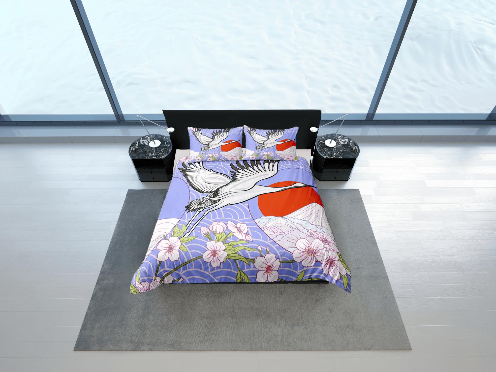 daintyduvet Purple oriental bedding, crane bird, floral prints on japanese duvet cover set for king, queen, full, twin, single, toddler bed