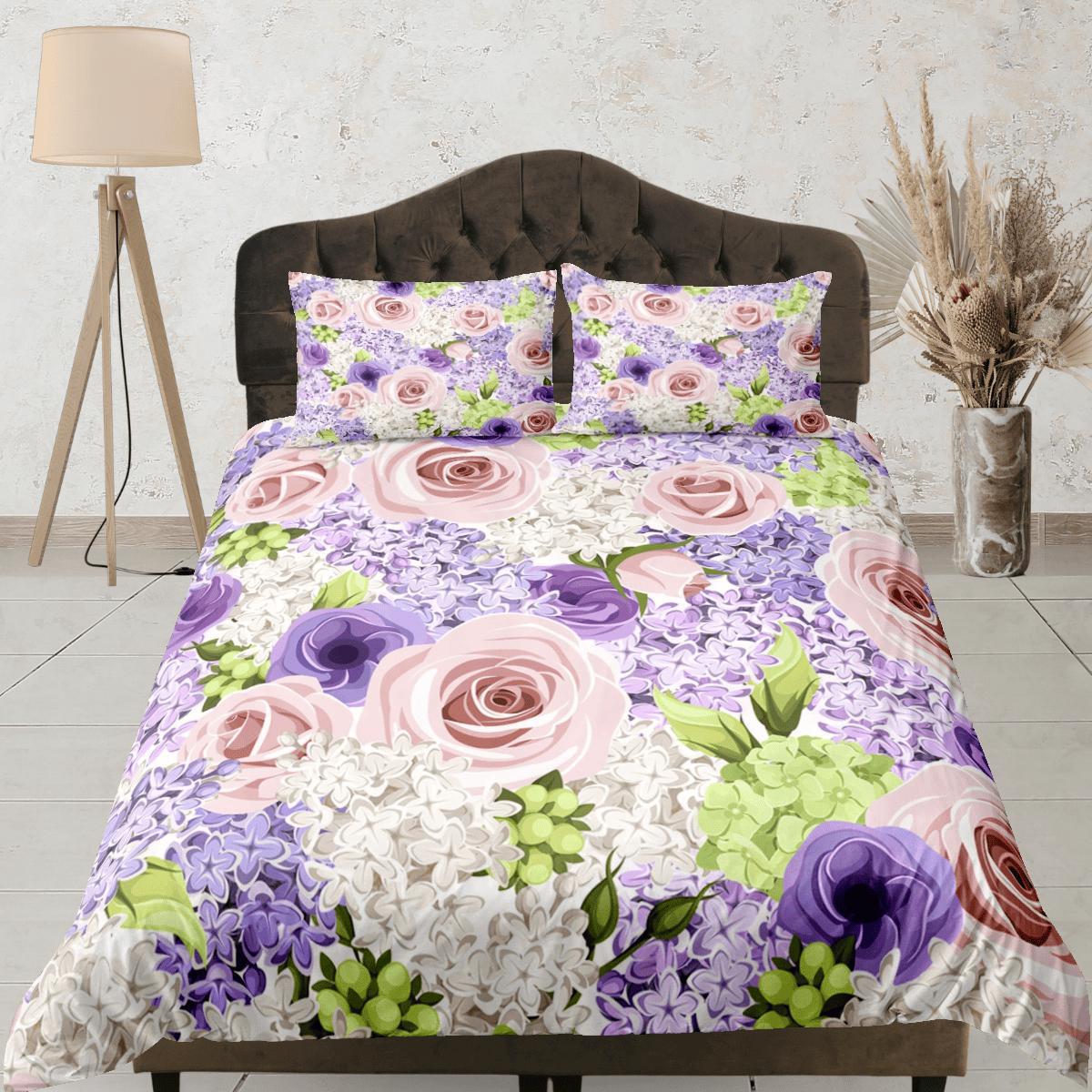 daintyduvet Purple & Pink Roses Duvet Cover Set Colorful Bedspread, Floral Dorm Bedding Pillowcase, King Duvet Full Queen Duvet Comforter Cover Twin