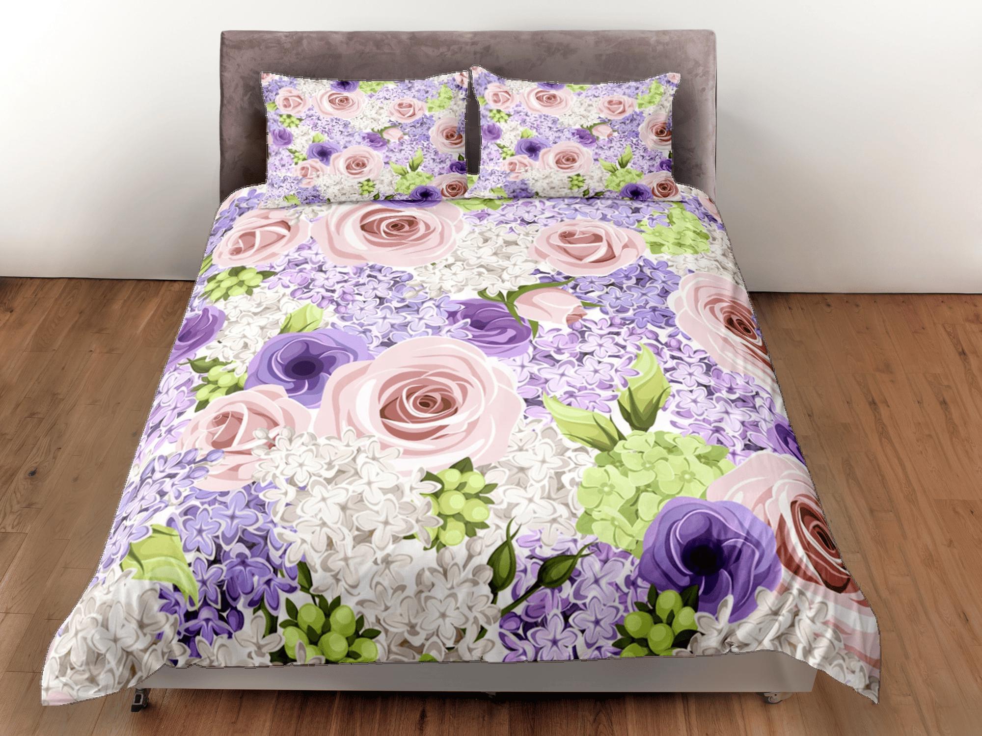daintyduvet Purple & Pink Roses Duvet Cover Set Colorful Bedspread, Floral Dorm Bedding Pillowcase, King Duvet Full Queen Duvet Comforter Cover Twin