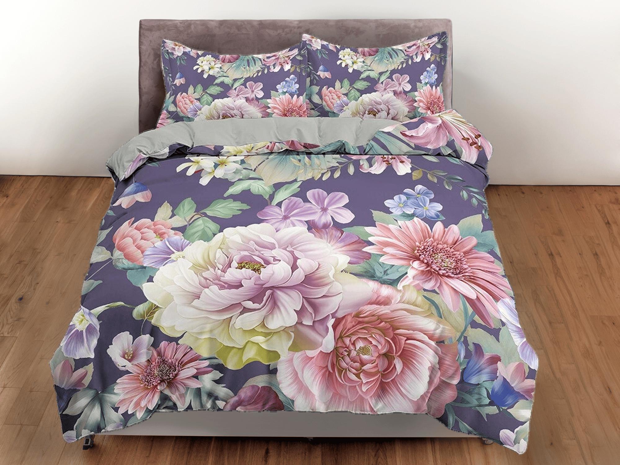 daintyduvet Purple shabby chic bedding floral duvet cover, pink roses, teen girl bedroom, baby girl crib bedding boho maximalist bedspread aesthetic